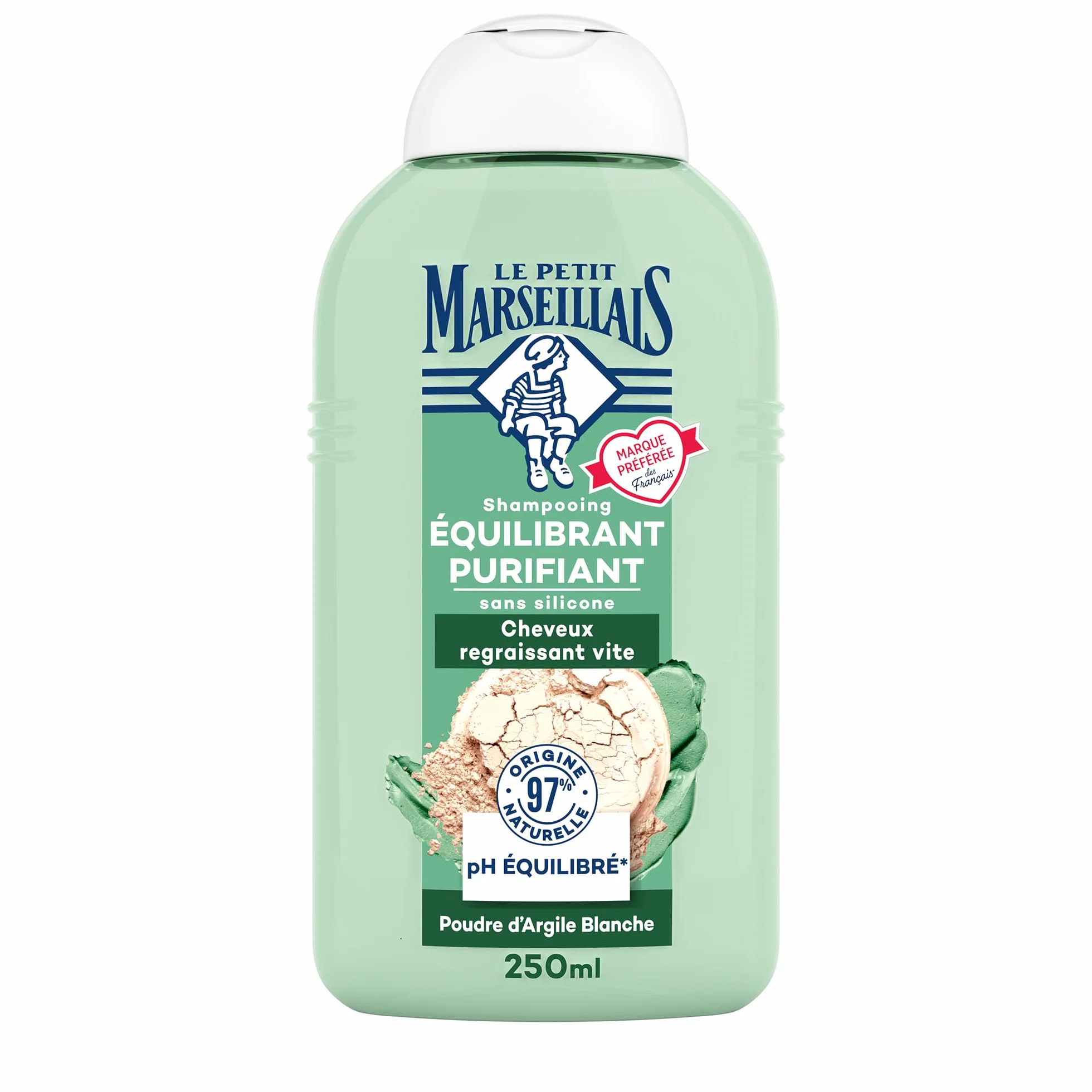 Le Petit Marseillais Shampooing Équilibrant Purifiant Poudre d'Argile Blanche 250 ml Shampoing sans silicone cheveux regraissant vite 97 % ingrédients naturelle