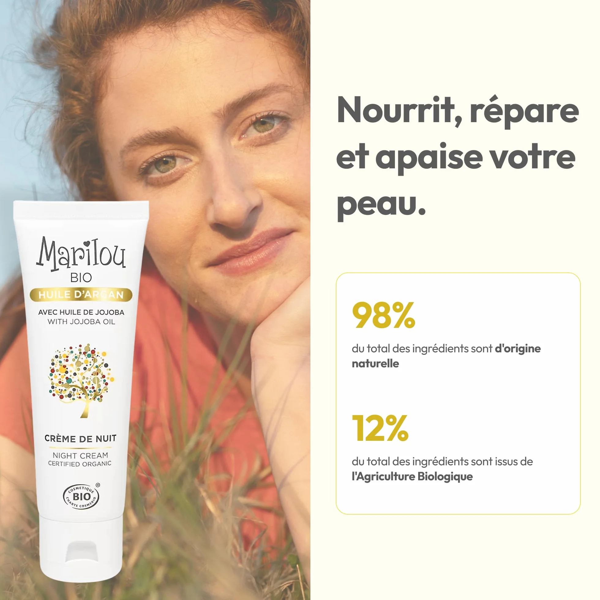 MARILOU BIO Crème de Nuit visage à l'Huile d'Argan bio 98% d'ingrédients d'origine naturelle Peaux normales à sèches 50ml