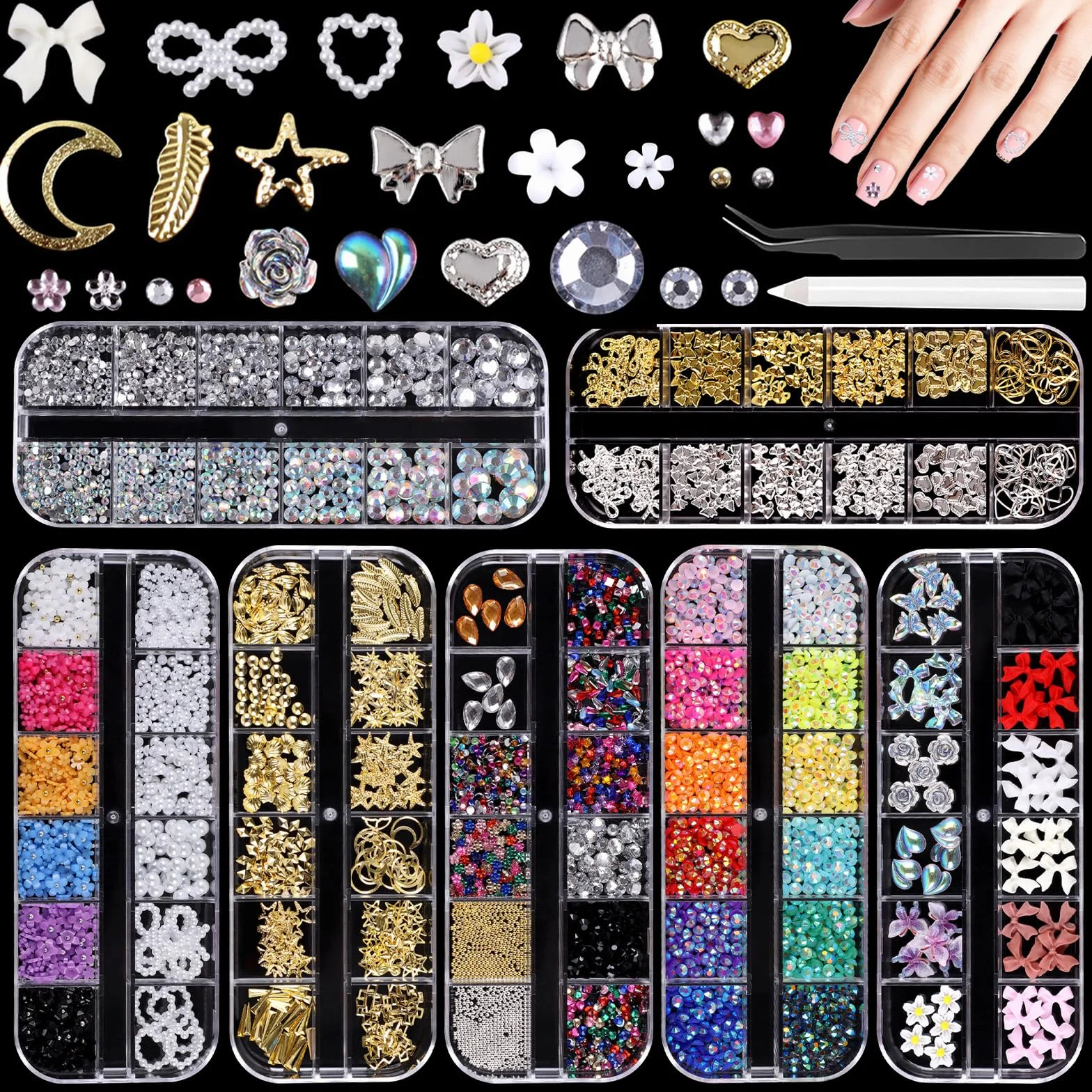 Lot de 7 Boîtes Strass Ongle Nail Art avec Bijoux Ongles, Décorations 3D, Stylo à Cire et Pinces