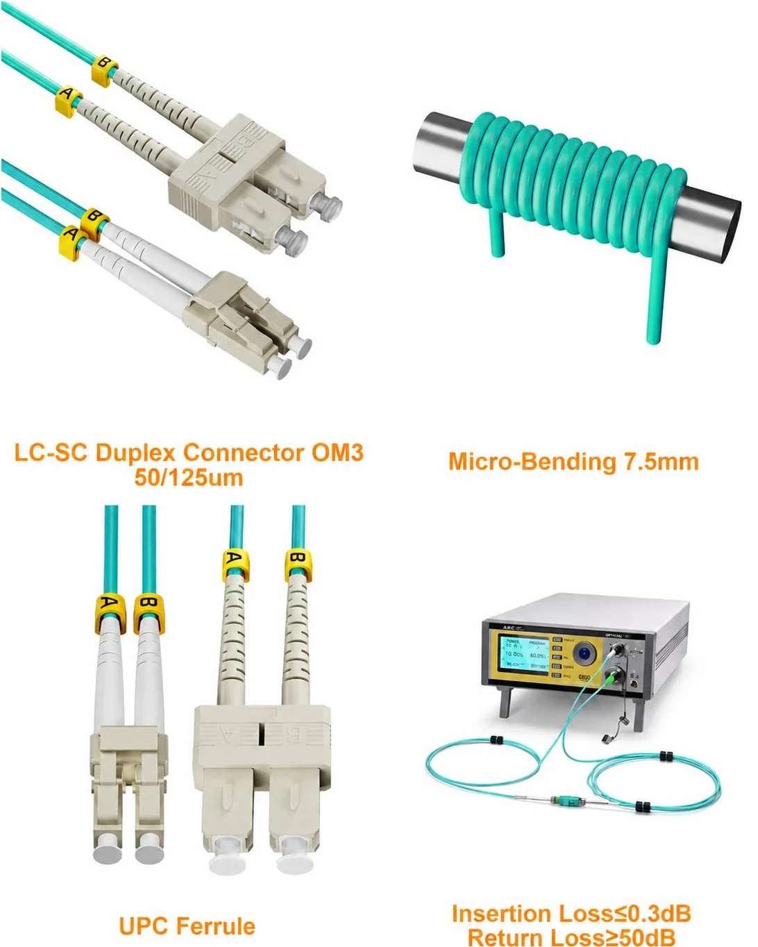 PureOptics Lot de 6 câbles de raccordement en fibre optique multimode OM3 LC-SC 10 G duplex - 1 m - Série LSZH 50/125 µm