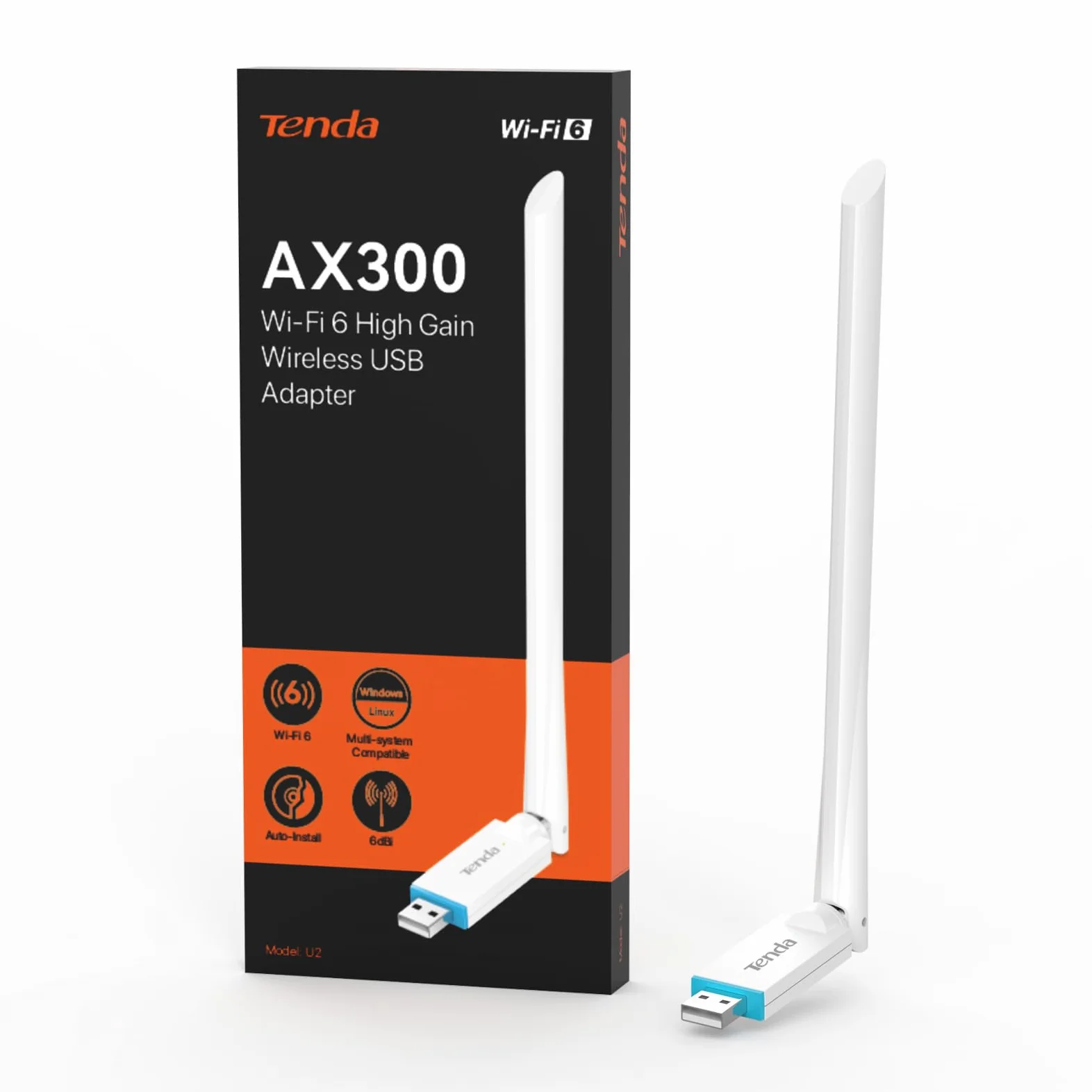 Tenda AX300 Adaptateur WiFi 6-286 Mbit/s 2,4 GHz, antenne à gain élevé 6 dBi, adaptateur WiFi sans fil pour Windows 11/10/7/Linux 3.1+/Ubuntu, Dongle WiFi USB (U2)