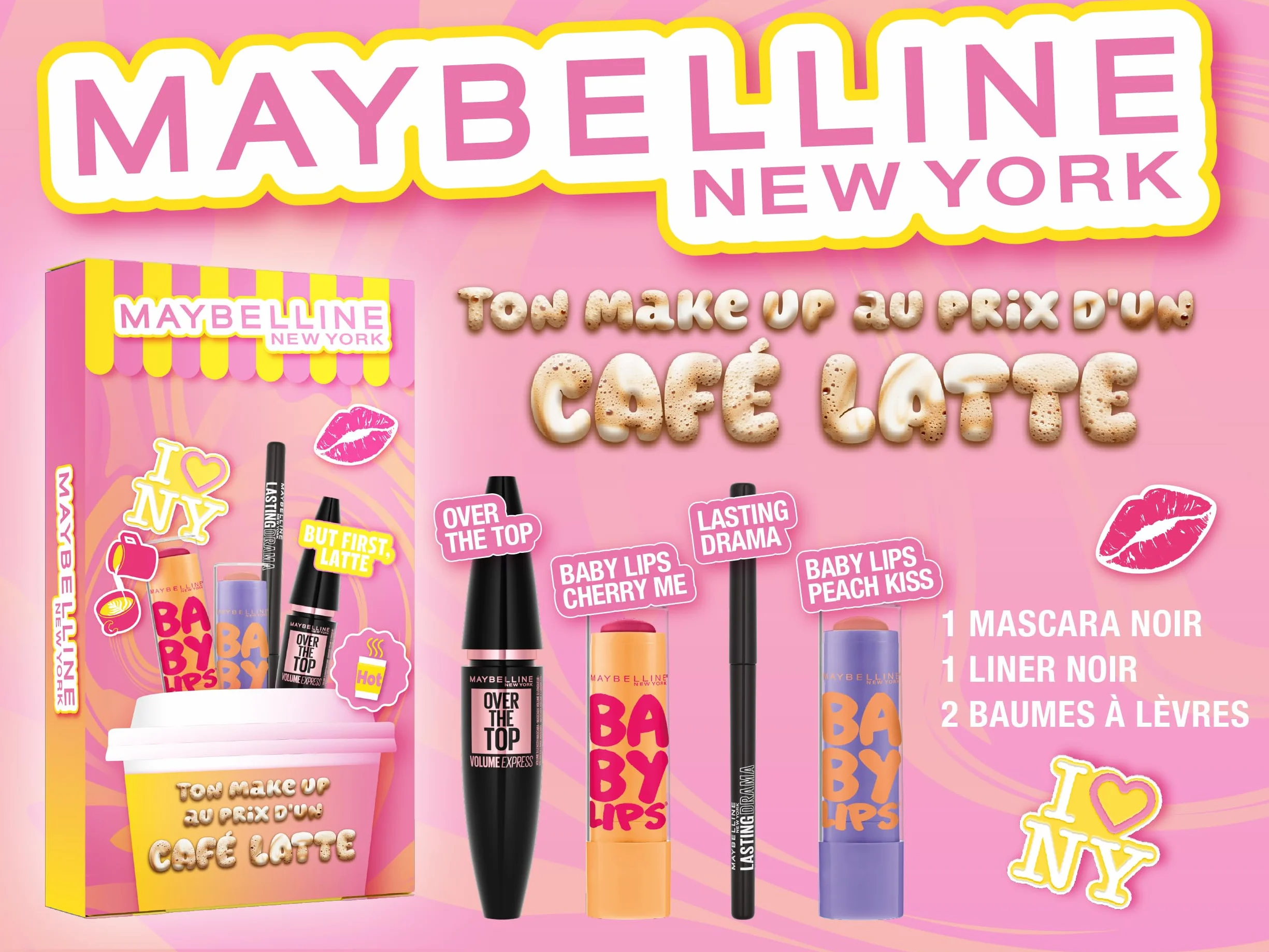 MAYBELLINE NEW YORK Coffret Maquillage Yeux & Lèvres Mascara Volum' Express Over The Top Eyeliner Noir Lasting Drama Baume à Lèvres Baby Lips x 2