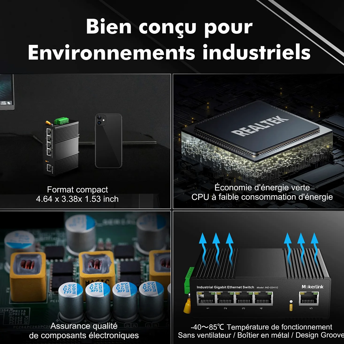 mokerlink 5 Ports Gigabit Ethernet Switch Industriel sur Rail DIN, Capacité de Commutation de 14 Gbit/s, Commutateur Réseau Non Géré Classé IP40 (-40 à 185°F), avec Alimentation