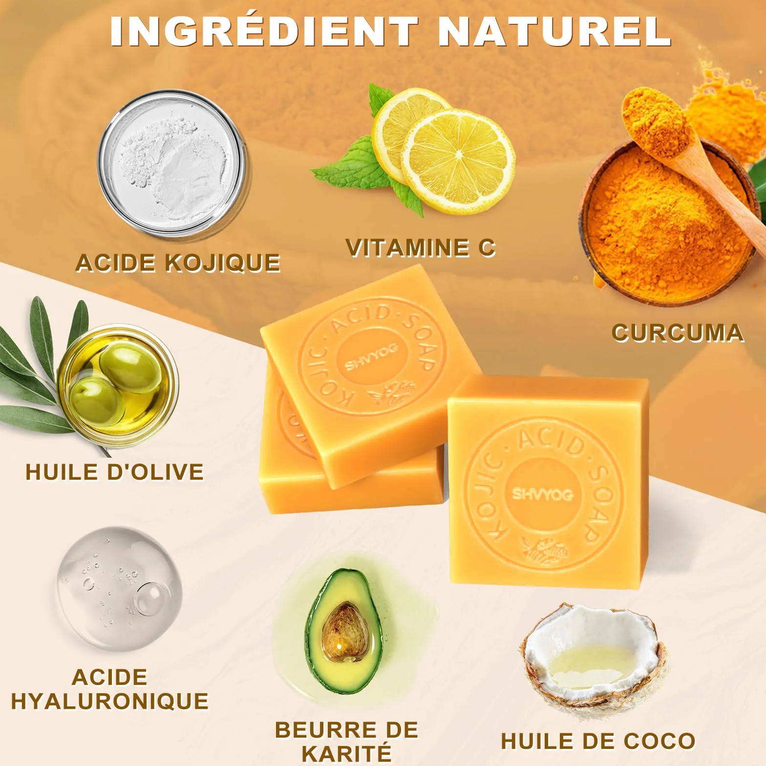 Savon à l'Acide Kojique et Curcuma, Savonnette 3x80g pour Points Noirs, Acné et Taches Foncées
