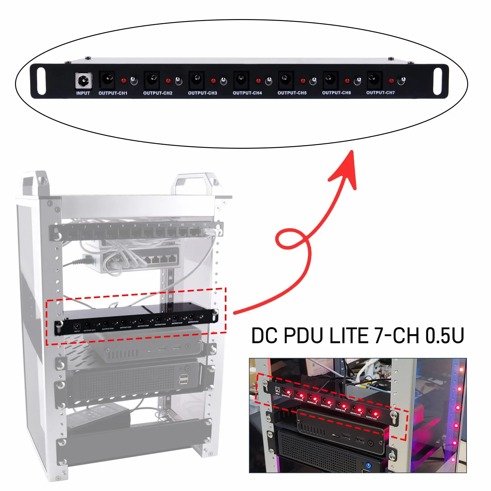 GeeekPi RackMate Accessories DC PDU Lite 7-CH 0.5U