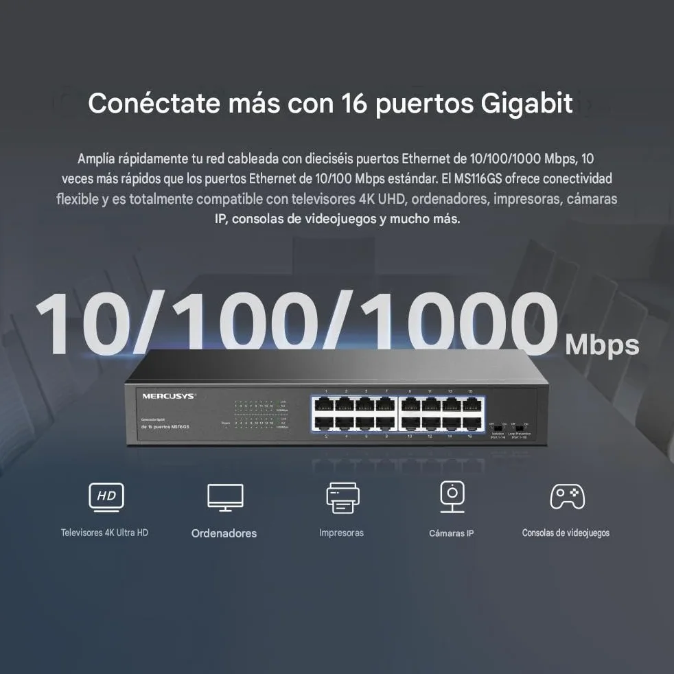 Mercusys Switch Ethernet Gigabit 16 Ports RJ45, Boîtier Métal, MS116GS | Ports 10/100/1000 Mbps, Plug & Play, Compatible avec PC TV Imprimante Caméra Routeur, Idéal pour les PME/Bureaux/Télétravail