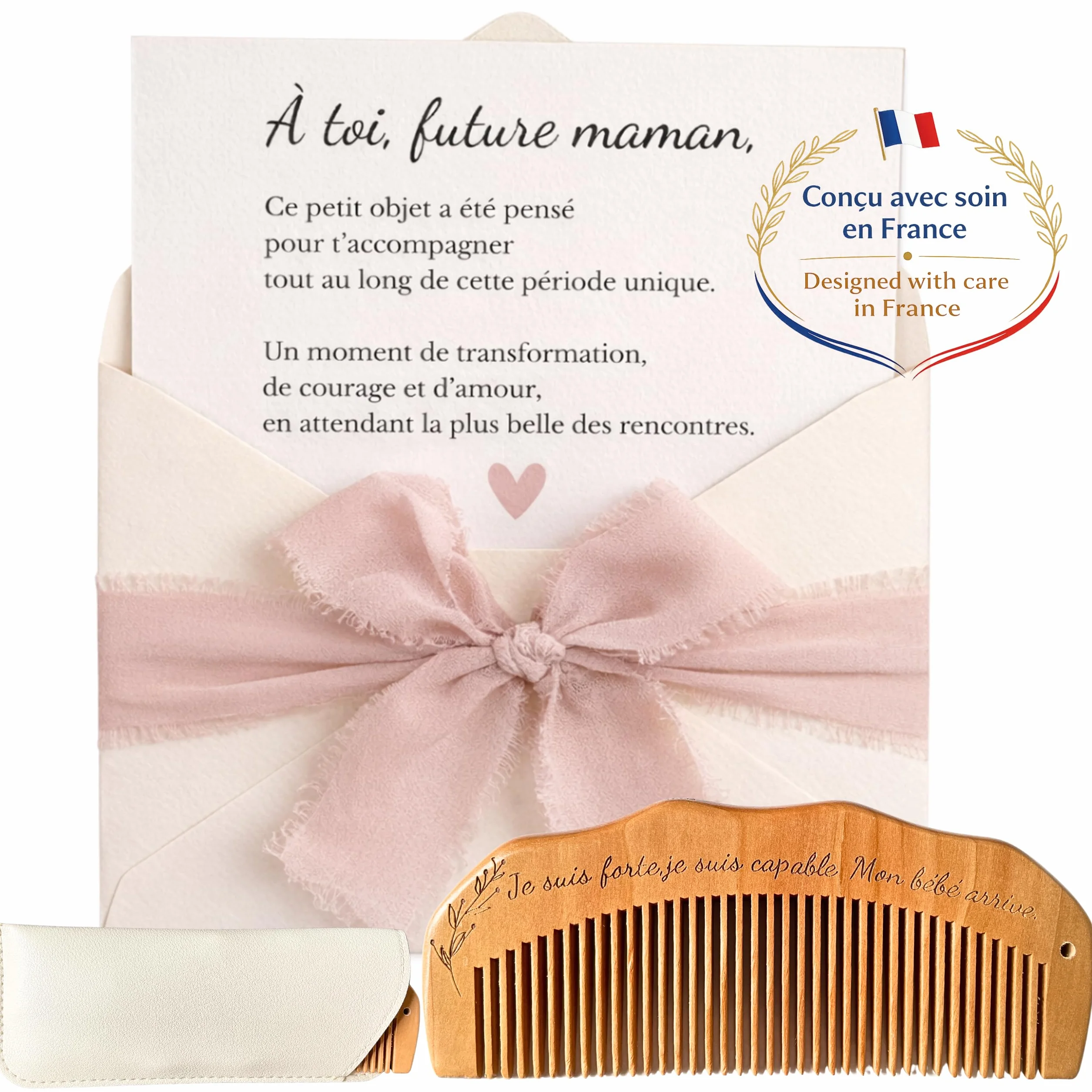 Peigne accouchement en bois avec carte émotionnelle cadeau grossesse femme enceinte maternité