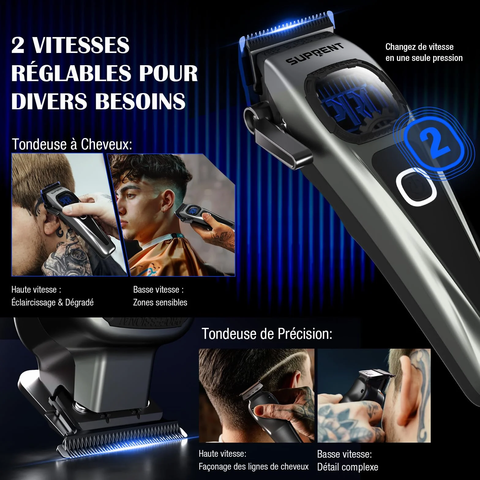 SUPRENT Tondeuse à cheveux professionnelle homme - Lame fade titane réglable Zero-Gap - 5 niveaux - Peignes magnétiques - Batterie 2500 mAh
