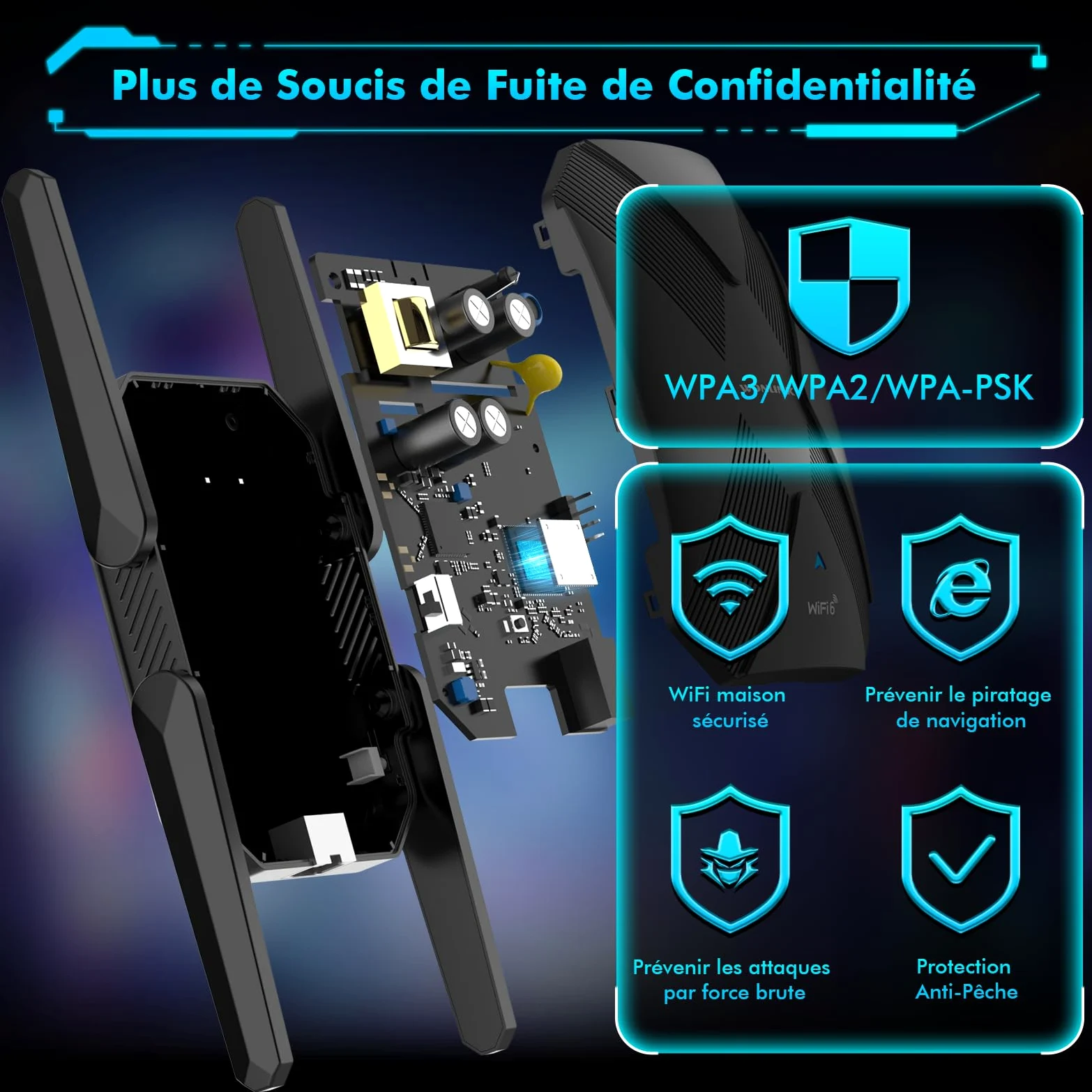 Répéteur WiFi 6 Puissant AX1500 Mbps, Amplificateur WiFi | Double Bande Repetiteur WiFi Puissant avec WPS, Port LAN, 4 Antenne, Soutenir 3 Mode, Compatible avec Toutes Les Box Internet