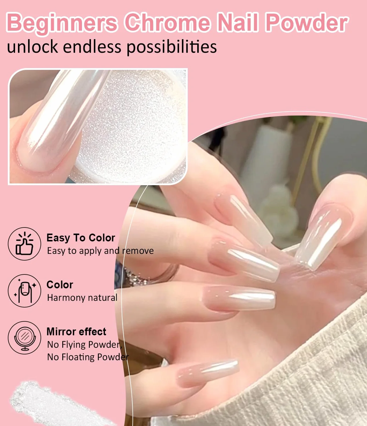 Poudre Chrome Ongle Nacrée Rose Effet Féerique Aurora Blanche Perle Chrome Ongle Effet Glace Transparente Paillettes Ongles Effet Miroir Nail Art DIY