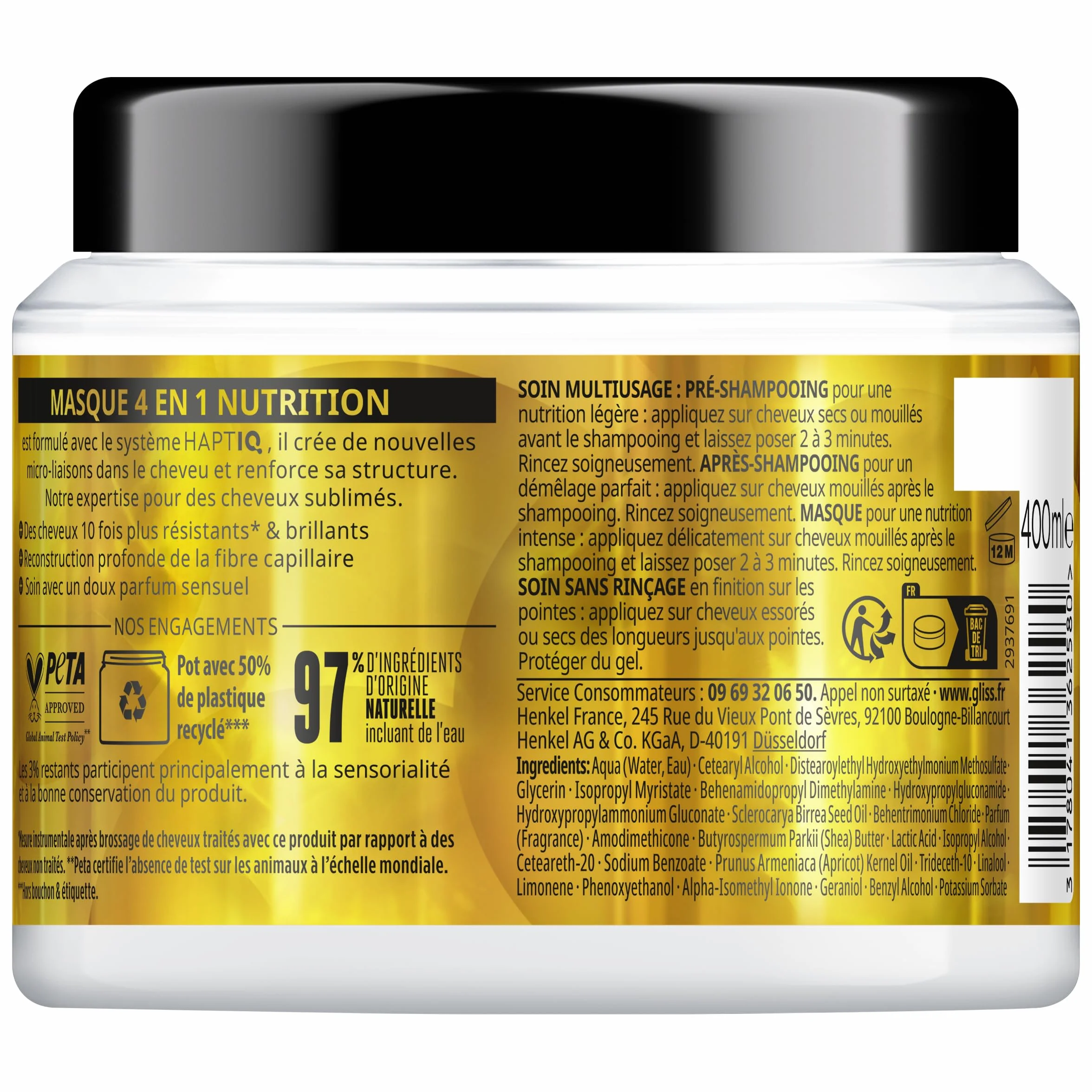 Schwarzkopf GLISS Masque 4en1 Nutrition Huile de Marula Haptiq System Soin Intense Cheveux Secs 400ml
