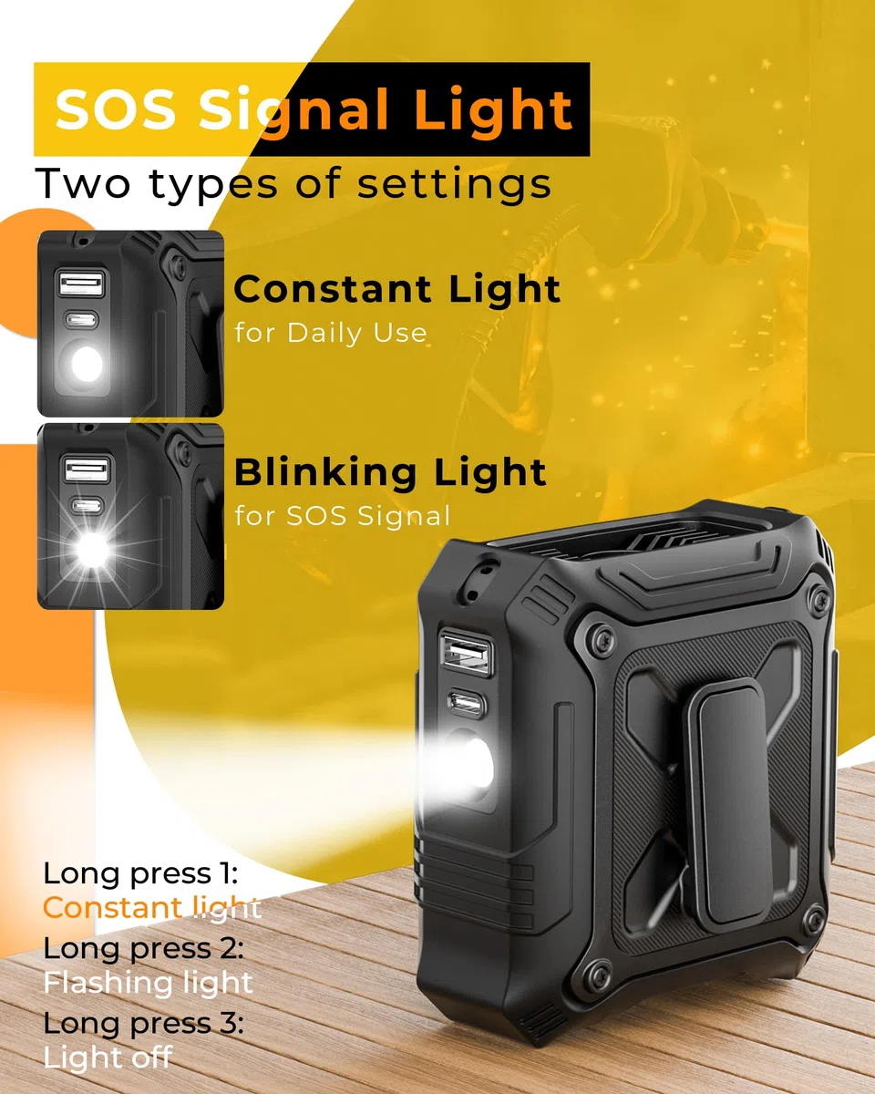 TUNISE Ventilateur portable avec 5 réglages de vitesse, clip double face sur ceinture pour 8000 mAh, 2 réglages, y compris lampe de poche, essentiel de voyage pour le camping en plein air comme banque