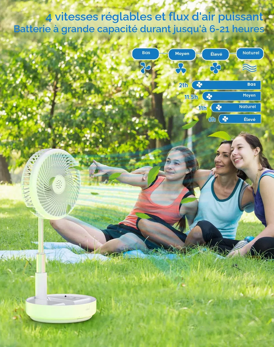 Primevolve Ventilateur portable, batterie 21H, ventilateur oscillant rechargeable 7200 mAh avec télécommande, pliable, télescopique, 19,6 cm, pour voyage, camping, croisière, hôtel, chambre à coucher