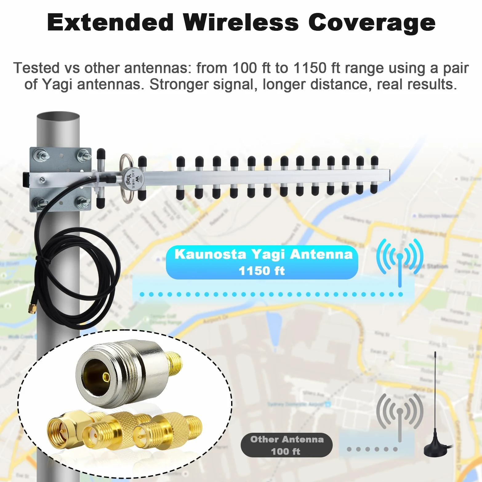 Yagi Antenne WiFi 2,4 GHz 25 dBi à gain élevé directionnelle avec connecteur RP-SMA et câble de 1,5 m, kit d'adaptateur de type RPSMA/SMA/N pour routeur, adaptateur USB, caméra de sécurité