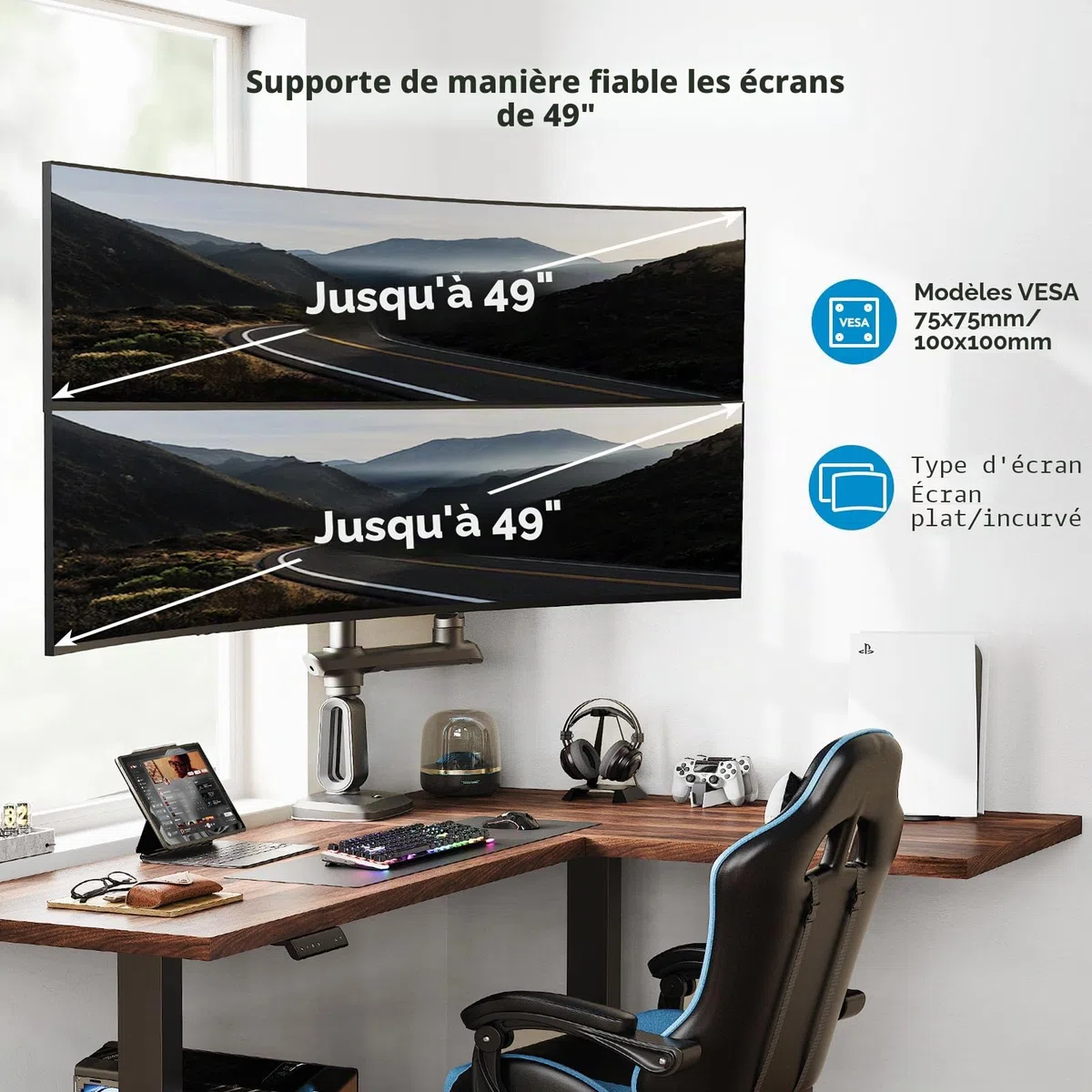 HUANUO Bras Écran PC 2 Écran Ultra-Large 13 à 49 Pouces à 18 kg, Support Double Écran PC Bureau Extra Haut e, Support Écran PC 2 Écran Empilé Verticalement et Réglable, VESA Max 100 x 100mm