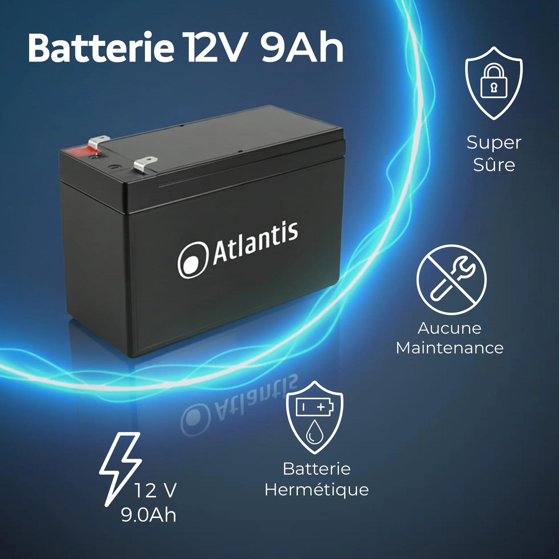 Batterie au Plomb Hermétique Atlantis 12V 9 Ah VRLA pour UPS