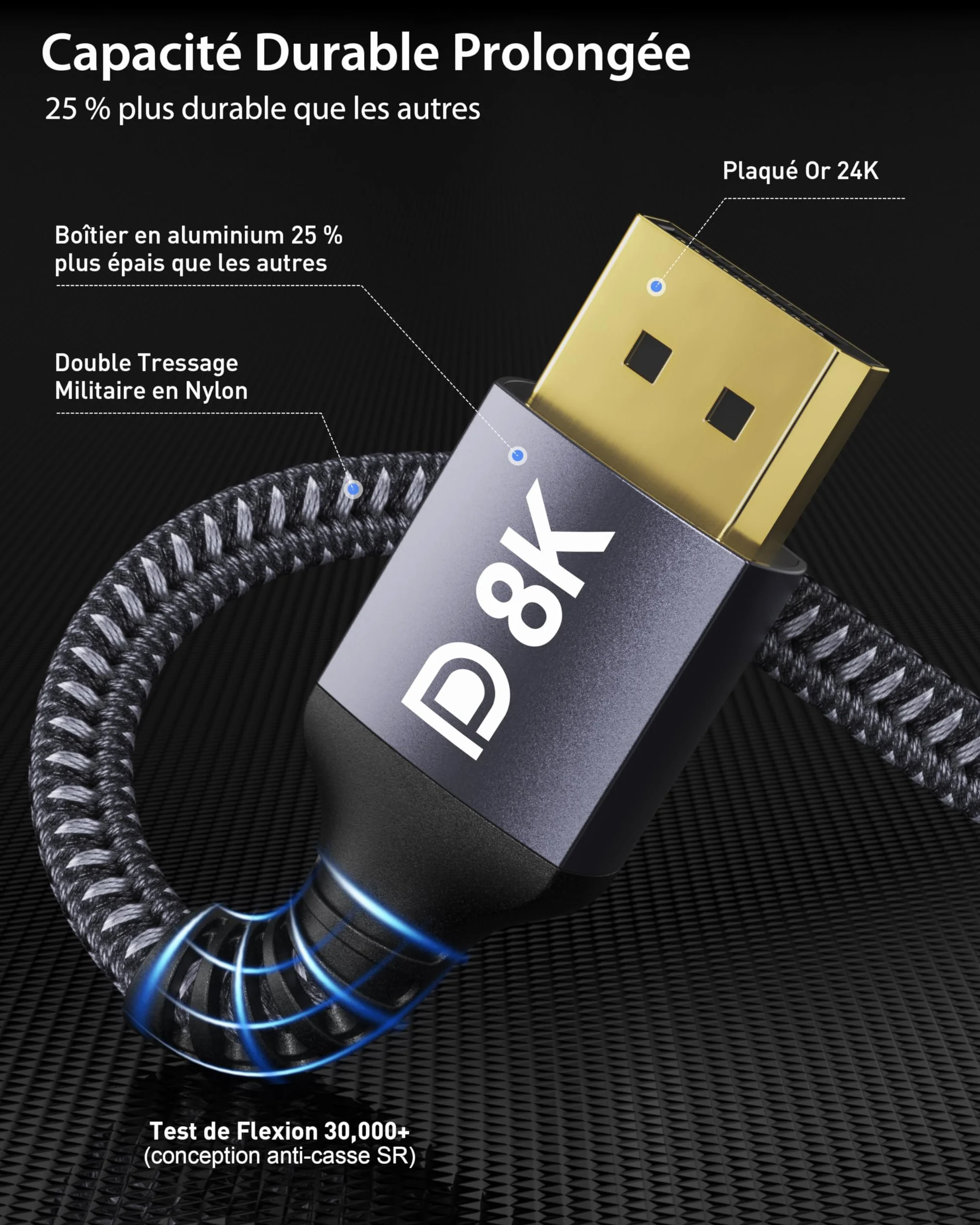 Câble DisplayPort 1.4 2M 8K HDR10 FreeSync G-Sync