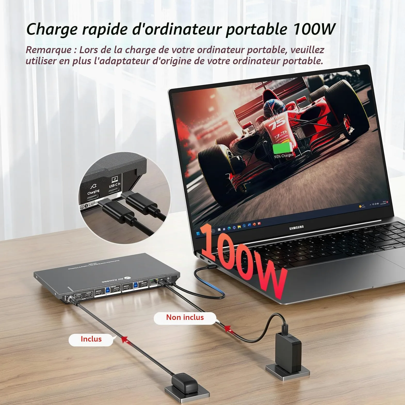 AV Access Station d'accueil Commutateur KVM pour 1 ordinateur portable et 2 PC de bureau, double moniteurs 4K@60Hz, émulation EDID, charge USB-C 100W,1G Gigabit, taux de rafraîchissement élevé