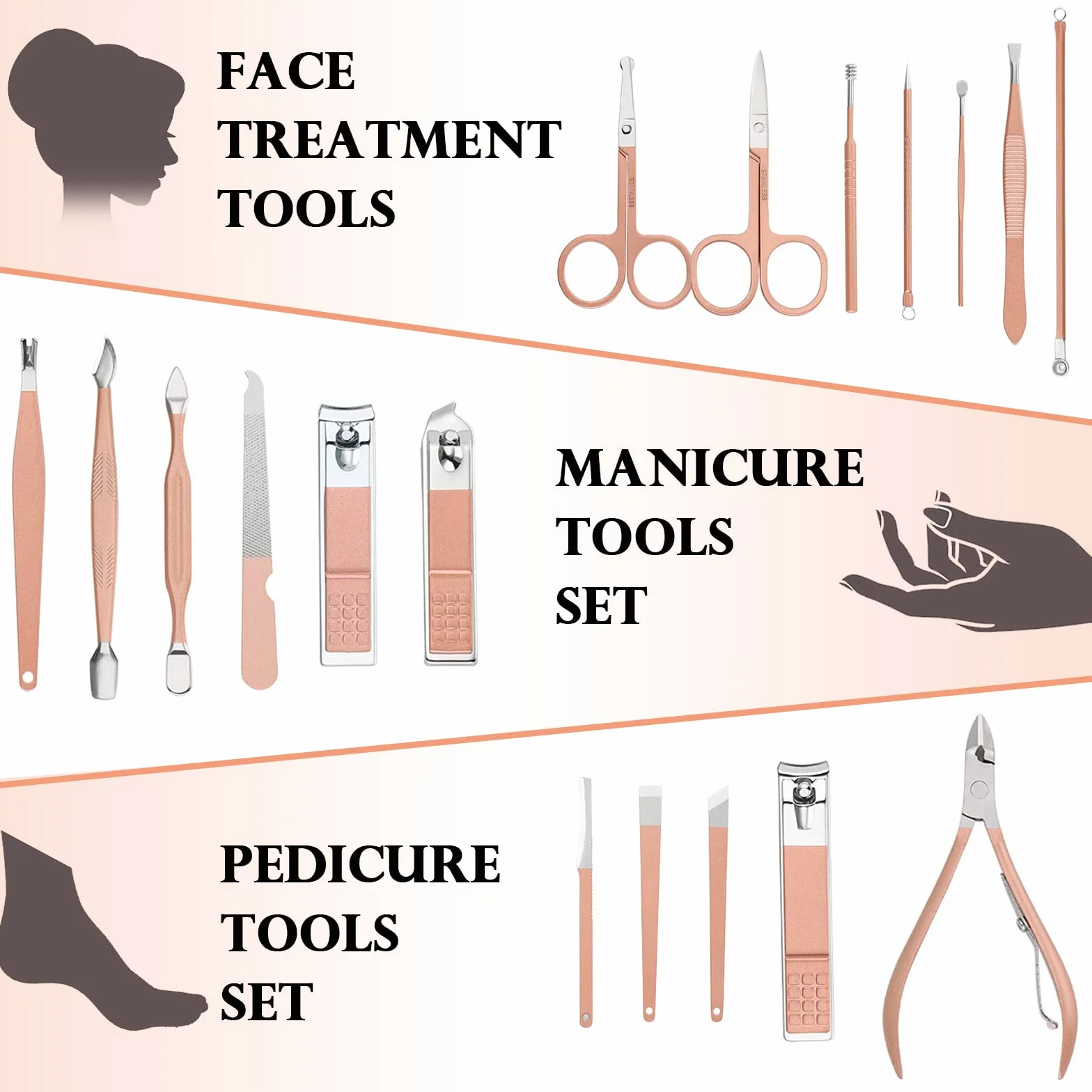 Kit de Manucure Pedicure 18 pièces, Acier Inox, Or Rose