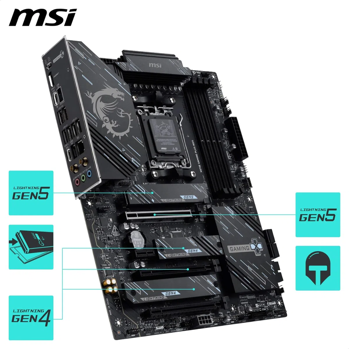 MSI X870E Gaming Plus Carte mère WiFi, ATX - Prend en charge les processeurs AMD Ryzen 9000/8000/7000, AM5-60A SPS VRM, DDR5 Memory Boost 8200+ MT/s (OC), PCIe 5.0 x16 & 4.0 x4, M.2 Gen5, Wi-Fi 7, 5G