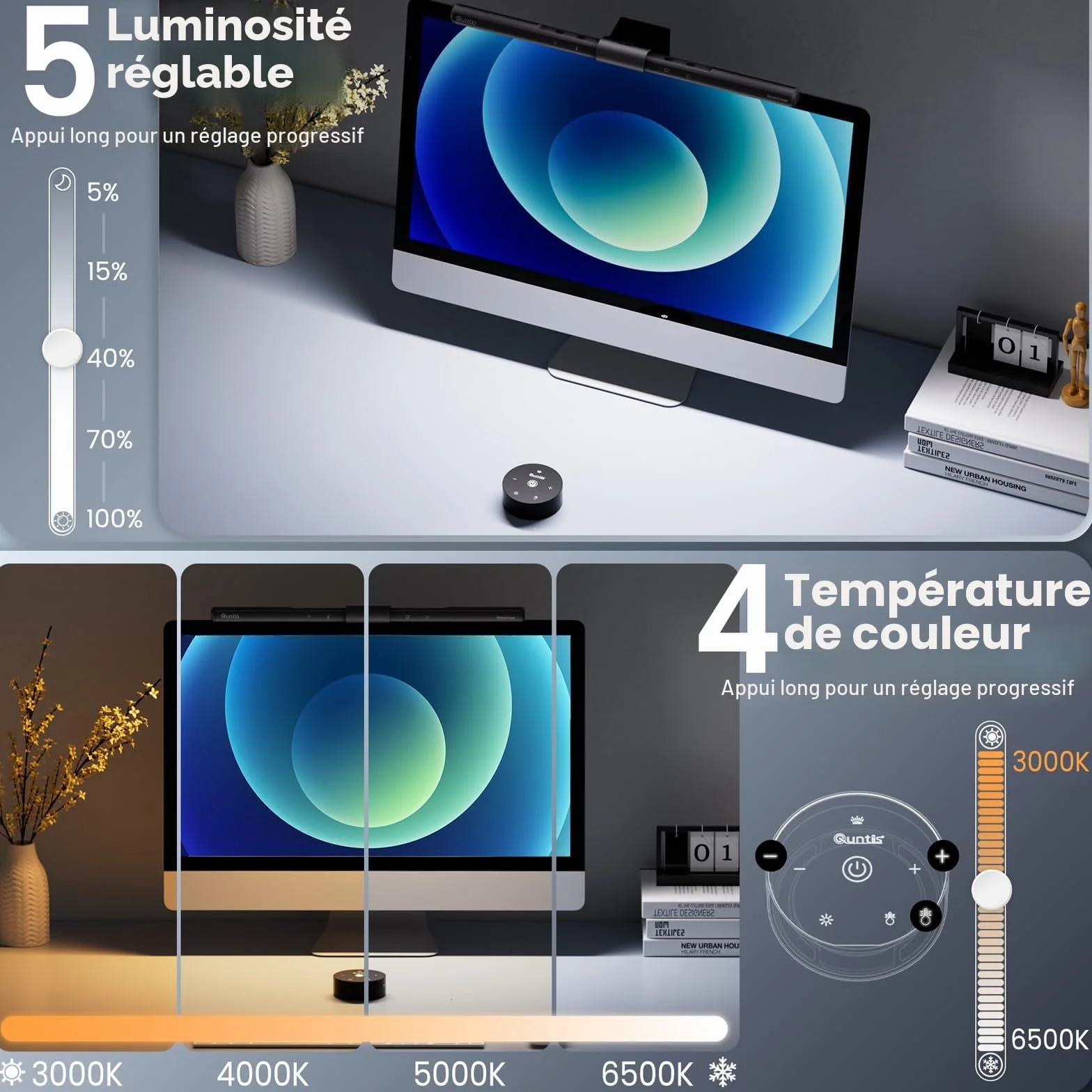 Quntis Lampe Ecran PC avec Télécommande Double Réglage, Lumière Ecran Réglable Gradation Automatique, LED USB Lampe d'Ordinateur 40CM Monitor Light Bar Eclairage pour Bureau Gaming