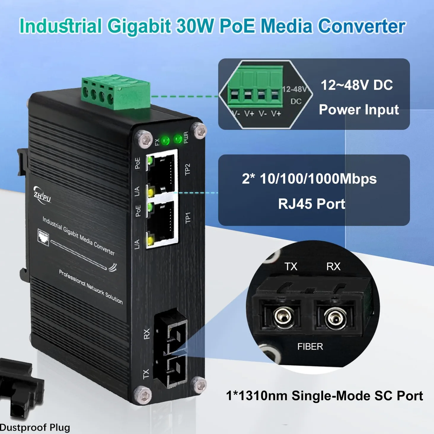 Convertisseur de média industriel 1,25 G Gigabit SC vers Ethernet prenant en charge le rail DIN, commutateur de fibre IEEE 802.3af/at 30 W PoE avec 2 ports RJ45 et 1 port SC monomode, jusqu'à 20 km,