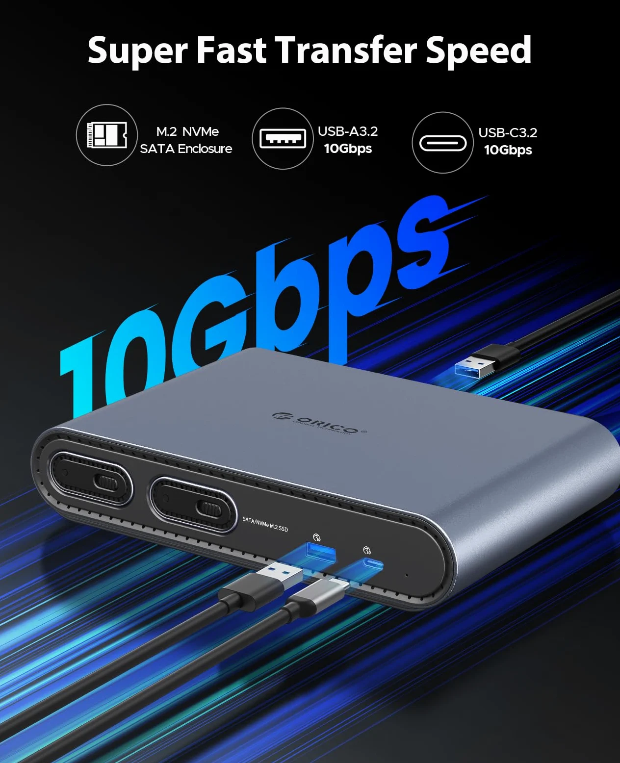 Station d'accueil ORICO 10-en-1 USB-C avec Double Boîtier SSD M.2 NVMe/SATA, USB 10Gbps, Double HDMI 4K@60Hz, PD 60W, RJ45 - pour MacBook Pro/Air (PTM2)