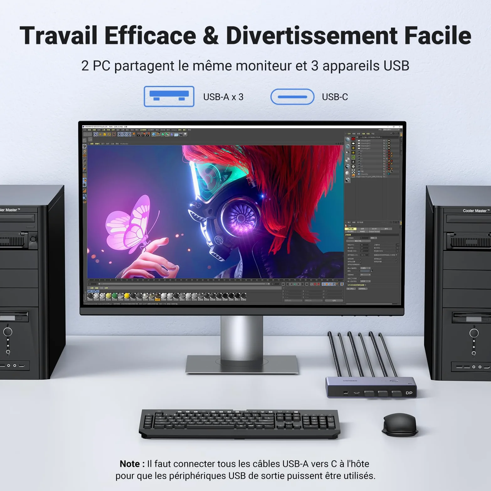 UGREEN Switch KVM Displayport 1.4 8K 60Hz 2 Entrées 1 Sortie Commutateur | 4K 240Hz USB C 3 USB A pour Clavier Souris Disque Dur Imprimante Moniteur avec Contrôleur de Bureau 2 Câbles DP 1M
