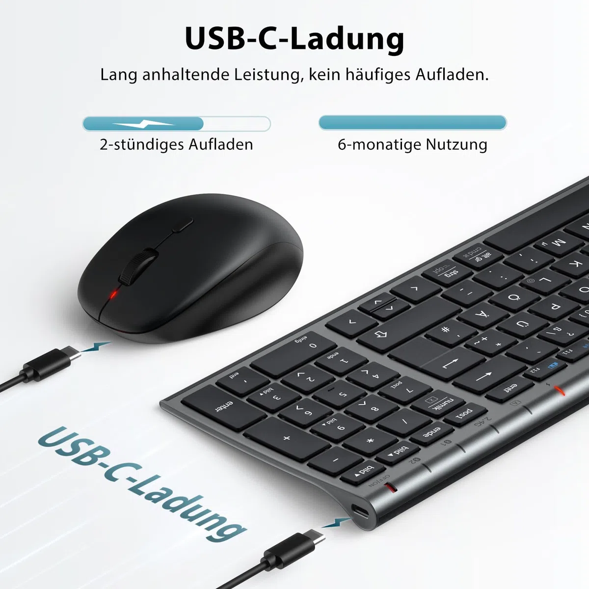 iClever Ensemble clavier et souris sans fil, clavier Bluetooth avec souris, Bluetooth + 2,4 G, 3 appareils simultanément, USB-C, rechargeable, silencieux, QWERTZ pour Windows, Mac, PC, iPad, Android