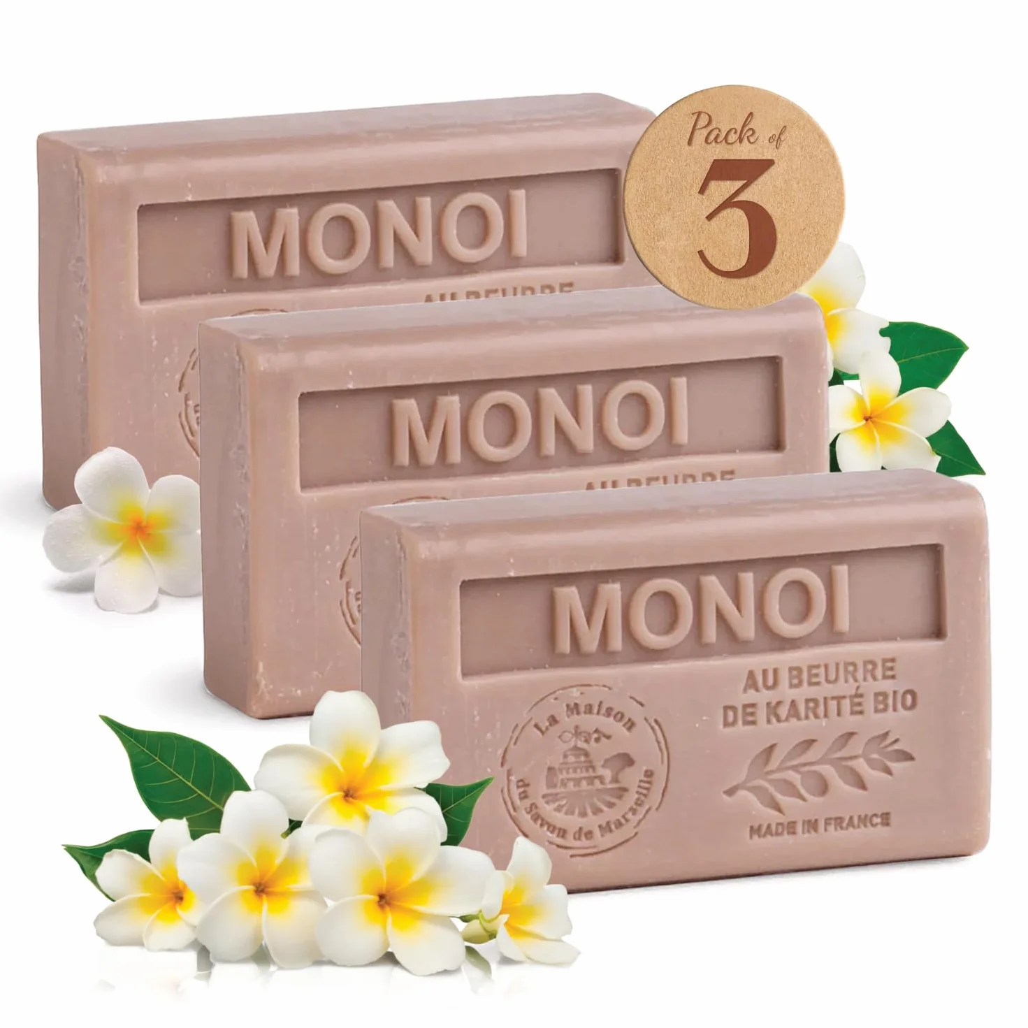 Savon Solide au Monoï Beurre de Karité Bio 97% Ingrédients Naturels Fabriqué en Provence Main Corps Hydratant 3x125g
