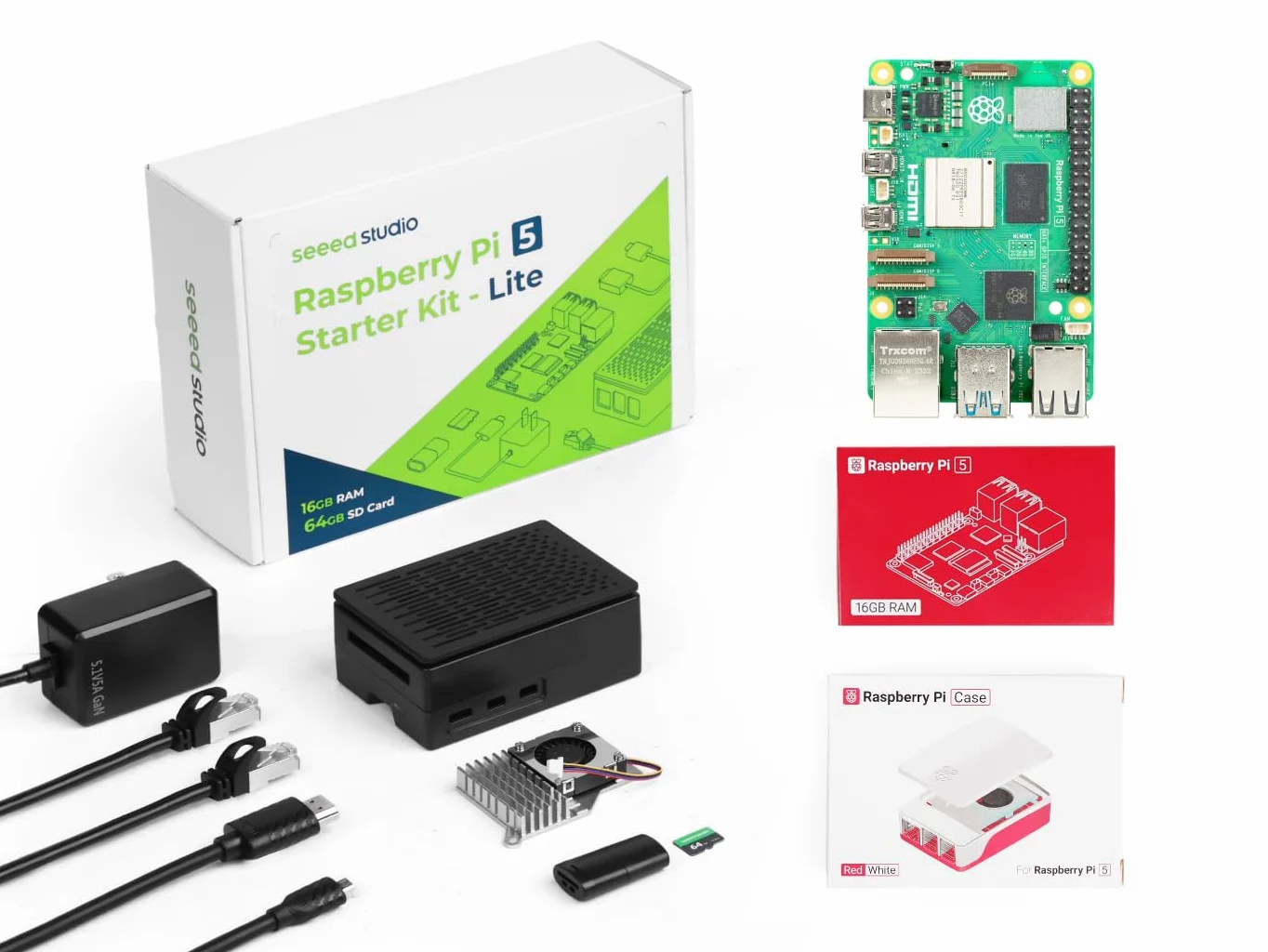Seeed Studio Raspberry Pi 5 Kit de démarrage – 16 Go de RAM, carte micro SD 64 Go pré-chargée, système d'exploitation 64 bits, alimentation de type C, boîtier de refroidissement actif pour Edge AI