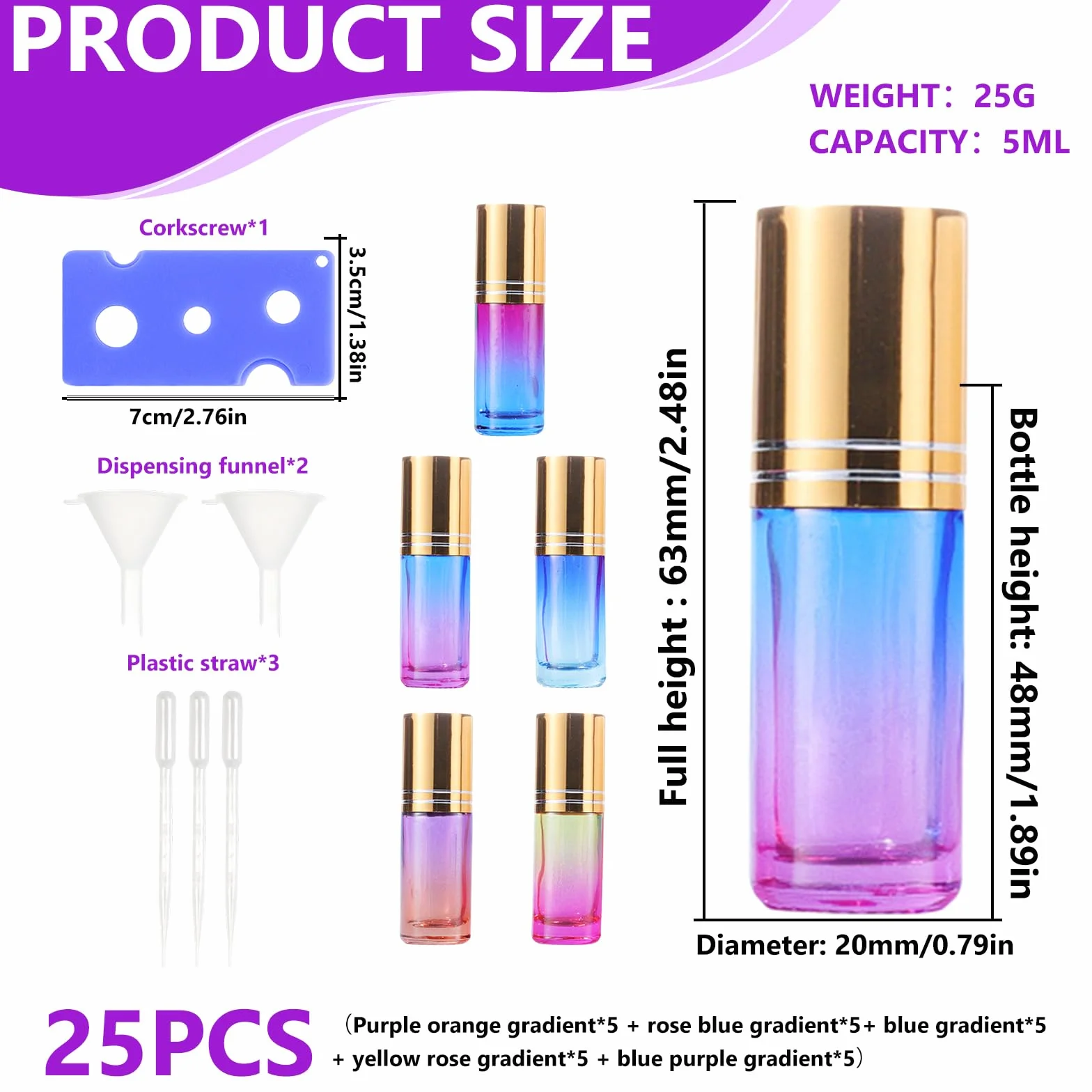 Lot de 25 bouteilles en verre multicolore 5 ml pour huile essentielle avec boules en acier inoxydable
