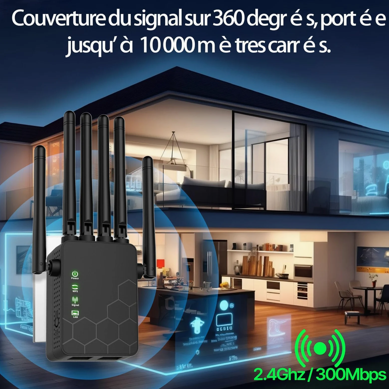 2024 Nouveau Répéteur WiFi Puissant, Amplificateur WiFi Dispose de 6 antennes murales percées puissantes,Extension WiFi pour la Maison et Le Bureau, Répéteur/Routeur/AP.