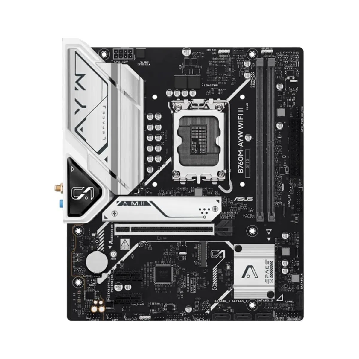 ASUS B760M-AYW WiFi II, Carte mère Intel mATX, LGA 1700, Emplacement DDR5, PCIe 5.0, Deux emplacements M.2, Ethernet Realtek 2.5Gb, Wi-FI 6, HDMI 2.1, SATA 6 Gbps, Ports USB Avant 5 Gbps, Aura Sync
