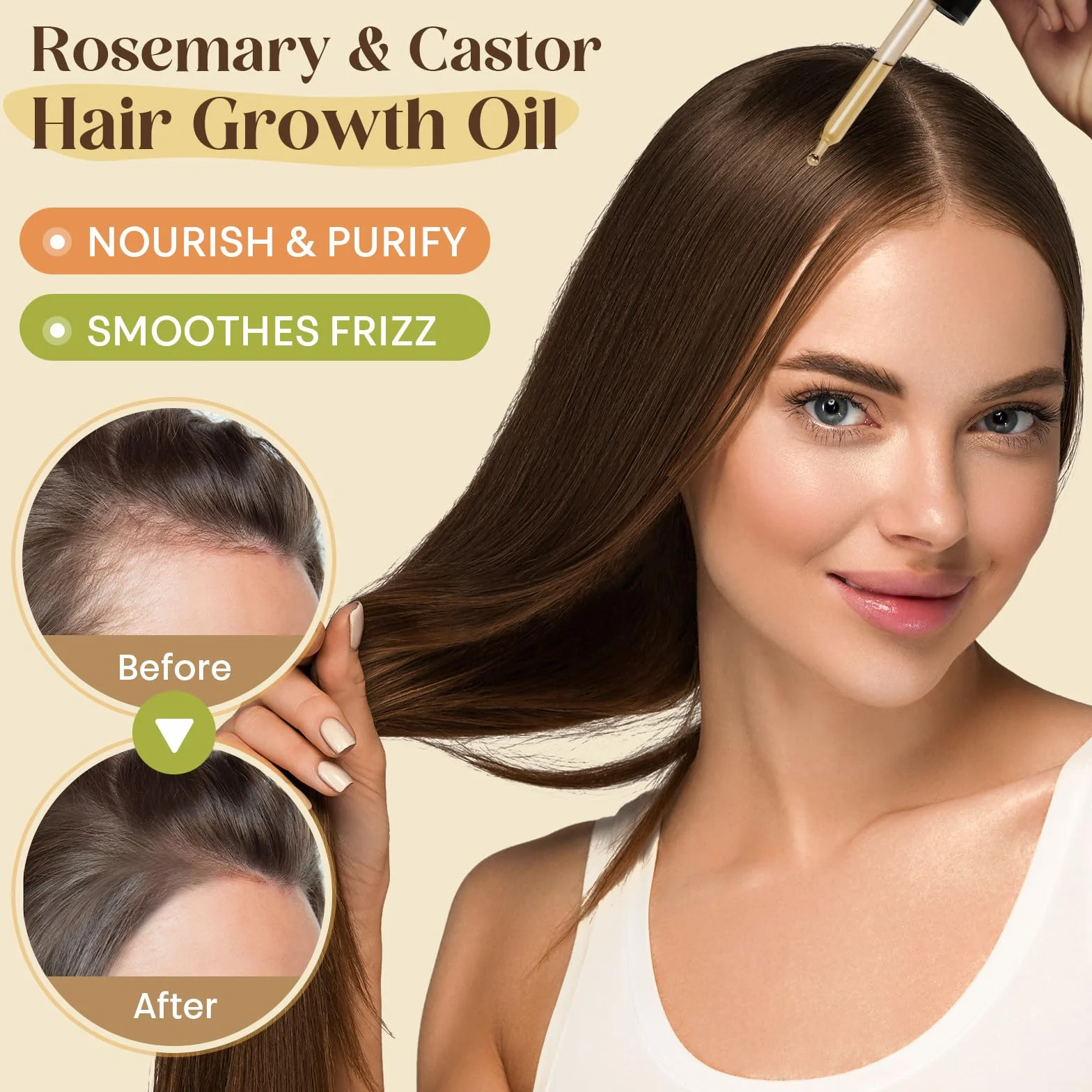 Huile de Ricin Bio Pressée à Froid, Huile de Romarin pour Cheveux avec Brosse Massage Cuir Chevelu, 118 ml
