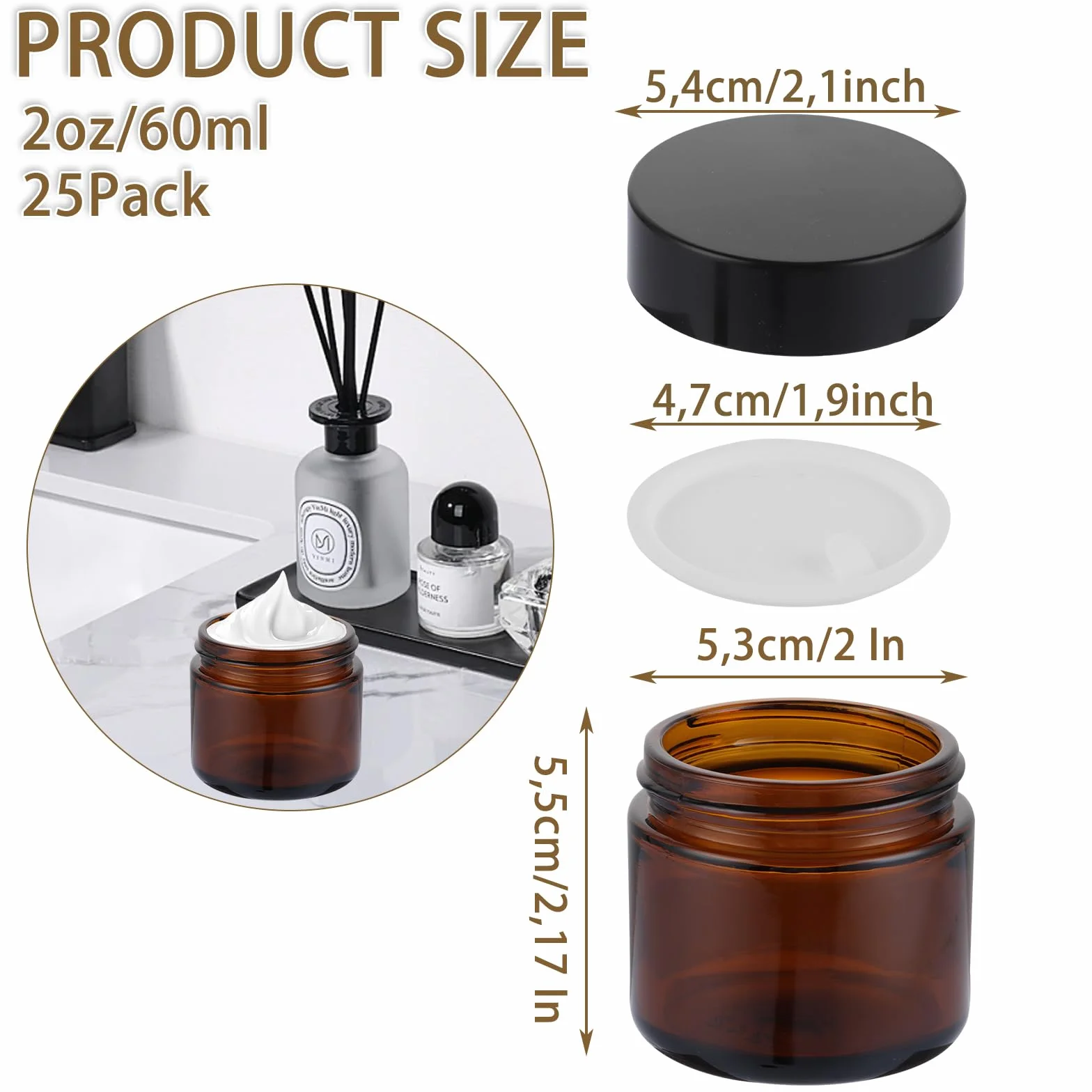 Pots en verre ambré 60 ml avec couvercles noirs - Lot de 25