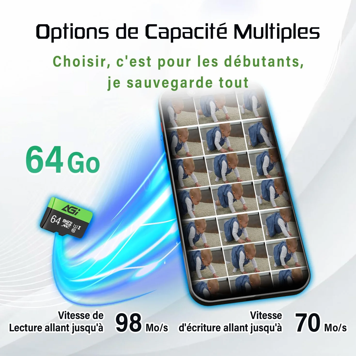 AGI TF138 Carte Micro SD MicroSDXC 64 Go avec Adaptateur SD Lecteur de Carte Type C USB 2.0 OTG