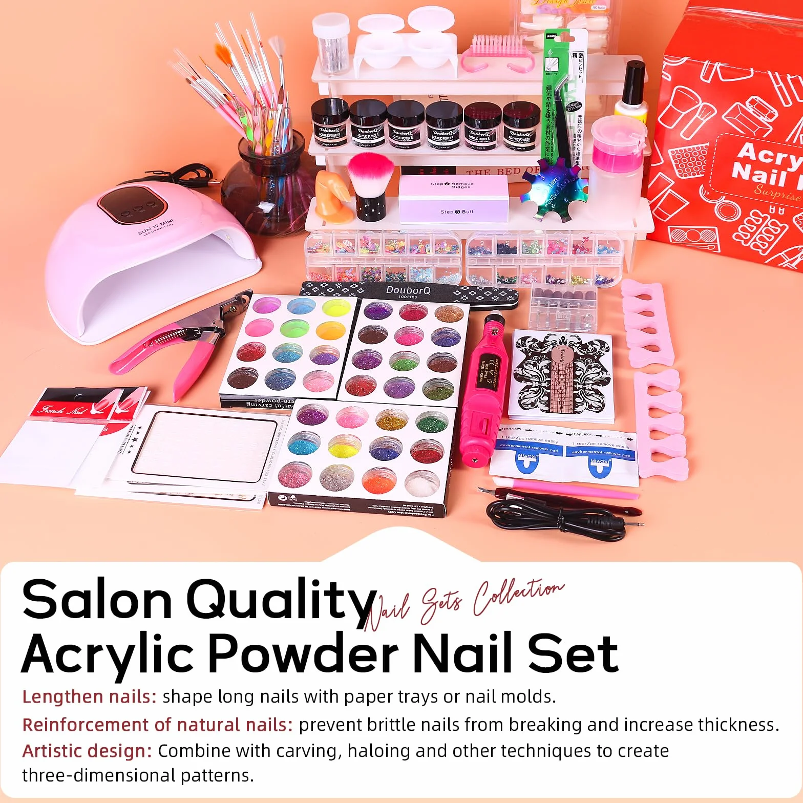 Kit de studio à ongles, poudre acrylique 30 ml avec liquide, ponceuse et lampe UV pour ongles en gel, nail art