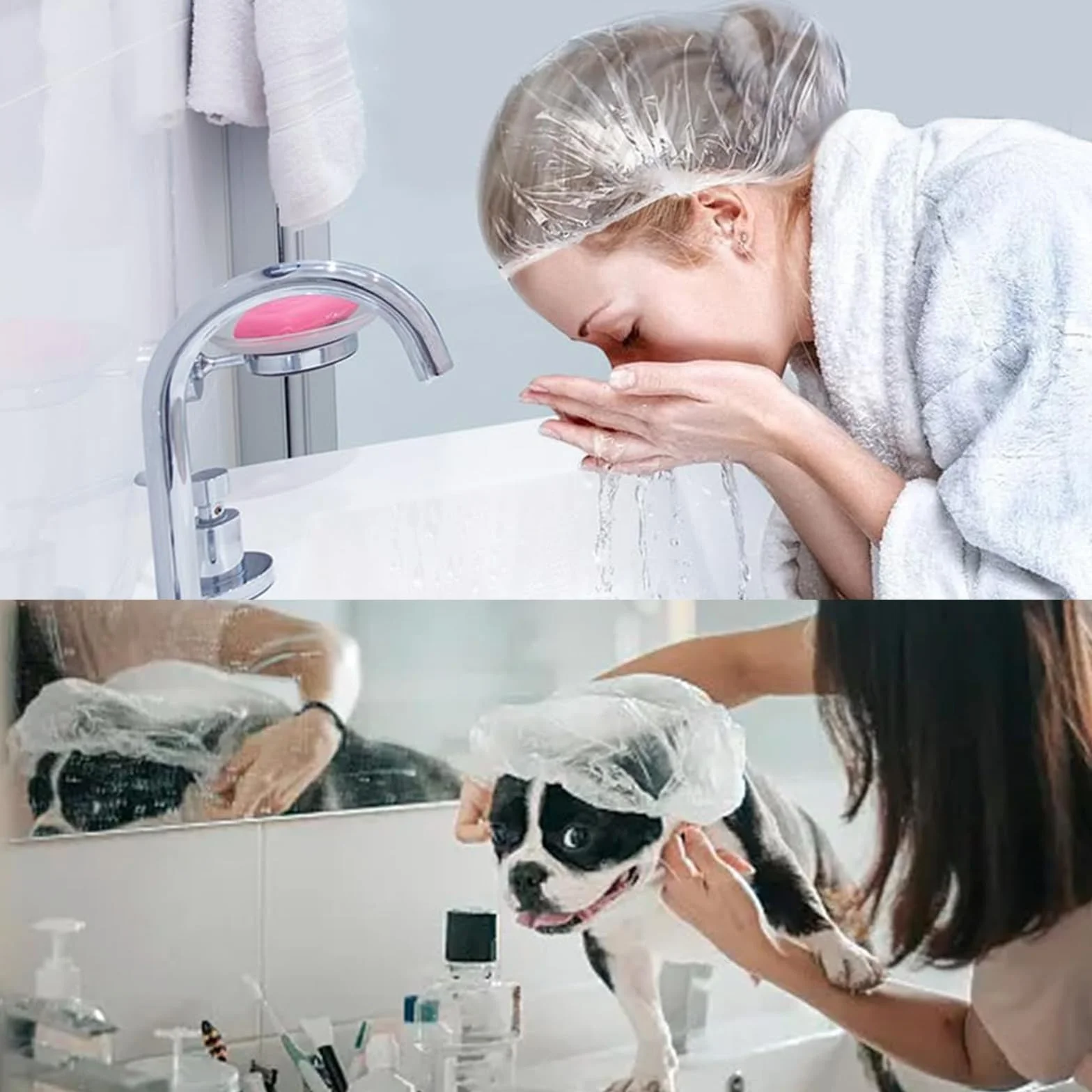 Bonnet de Douche Jetable 50 Pièces, Plastique Transparent Épais, Élastique Large 42cm pour Hôtel Spa