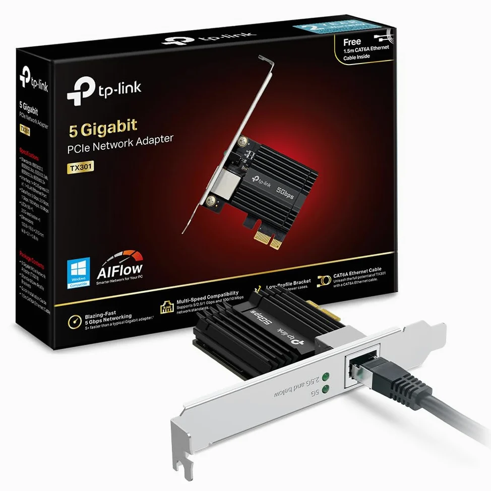 TP-Link Carte WiFi PCIe 5 Gigabit RJ45, TX301 | Ethernet 5 Gb RJ45, Wake-on-LAN, faible latence, idéal NAS/serveur/transferts rapides, compatible Windows et Linux