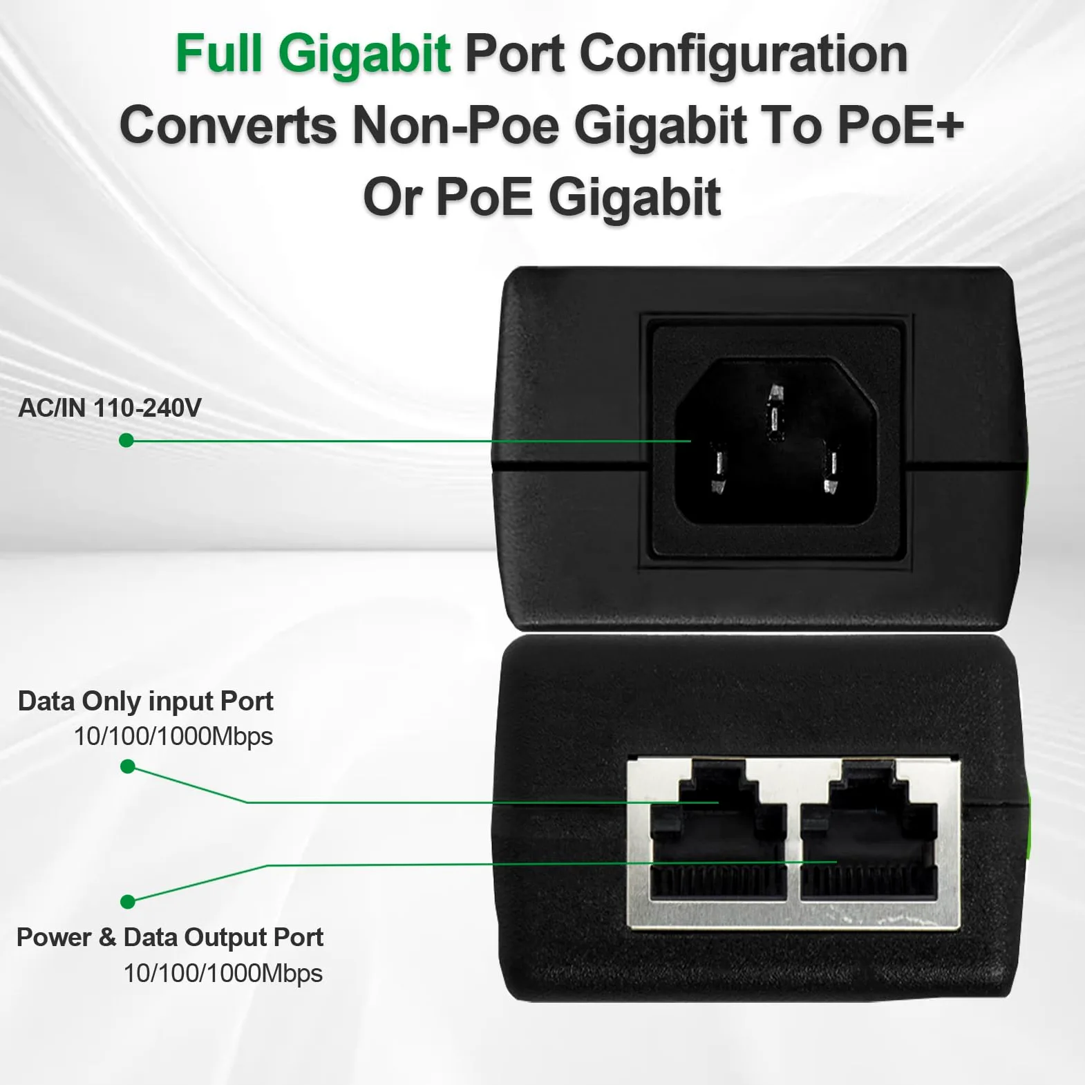 Injecteur Gigabit PoE+, 30 W 48 V, noir | 10/100/1000 Mbps, conformité IEEE 802.3af/at, extension du réseau jusqu'à 100 m, Plug and Play