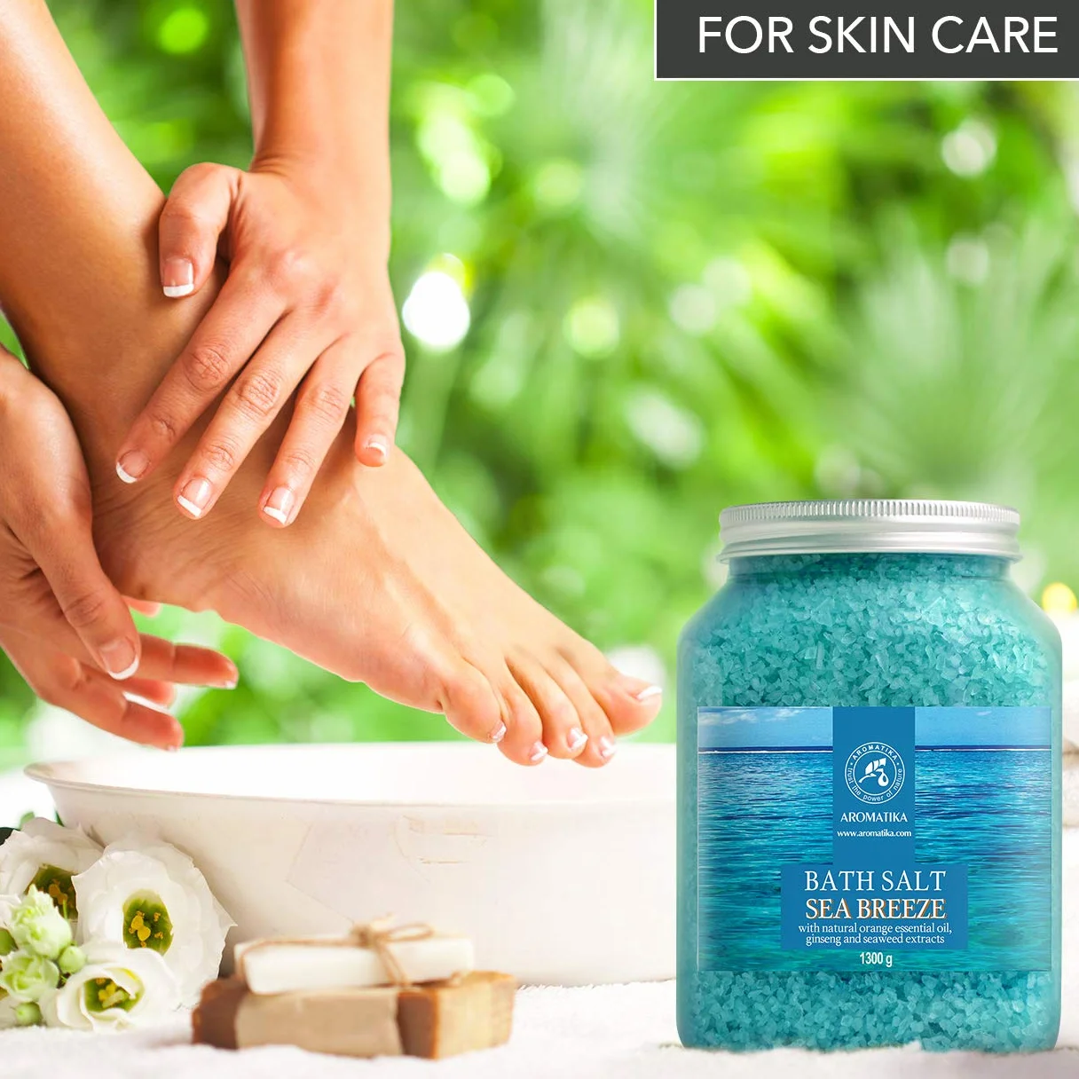 Sel Marin avec Huile Essentielle de Orange - Extraits de Ginseng & Algues - Sel de Bain Brise Marine 1300g - Relaxation - Soin du Corps