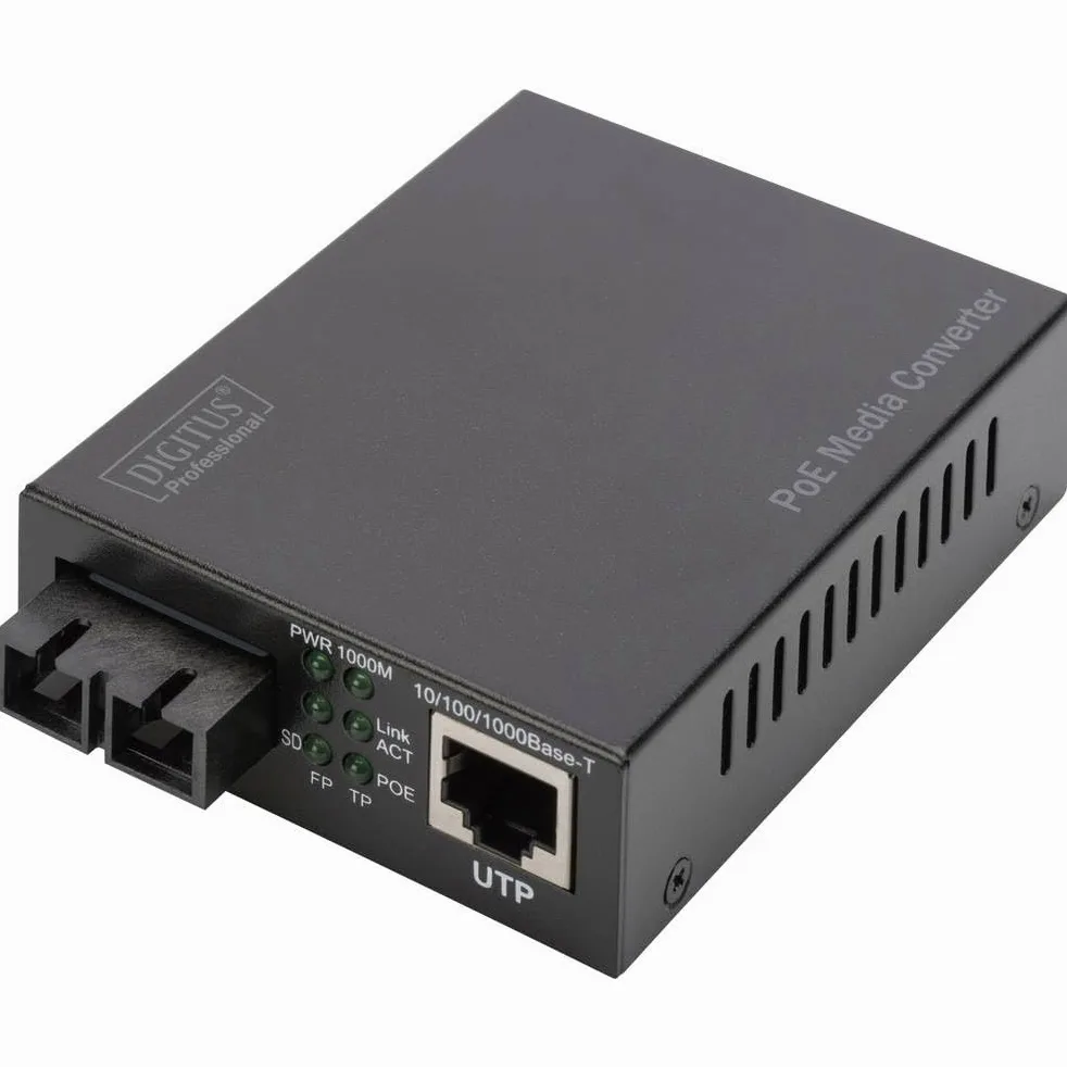 DIGITUS Convertisseur de média Gigabit – RJ45 vers SC Duplex – multimode | Injecteur PoE – 1 Gbit/s – longueur d'onde 850 nm – portée jusqu'à 0,5 km – cuivre vers fibre optique – noir