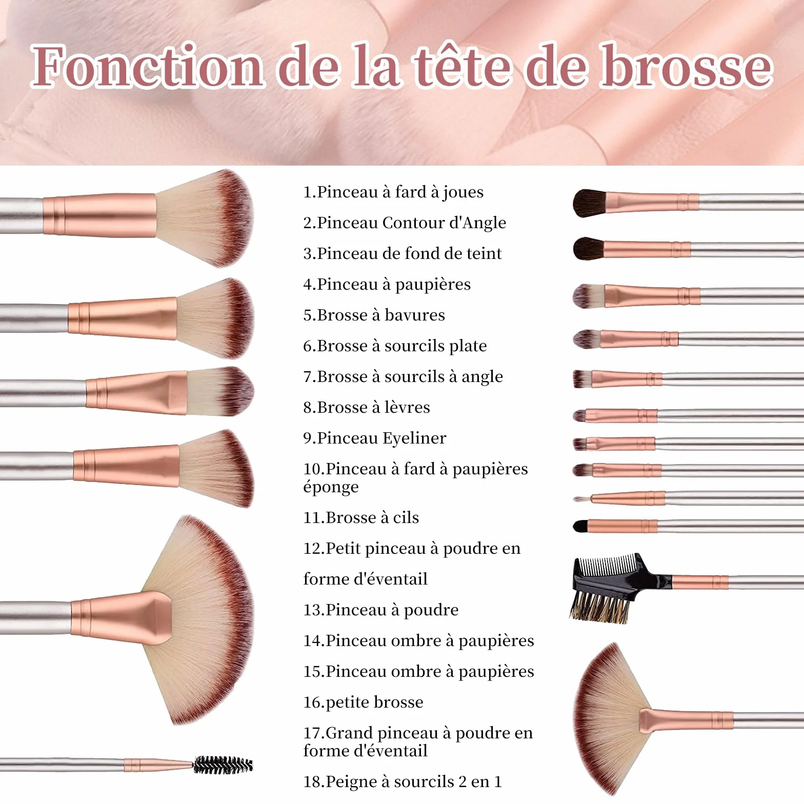 Ensemble de 18 pinceaux de maquillage professionnels Champagne Gold