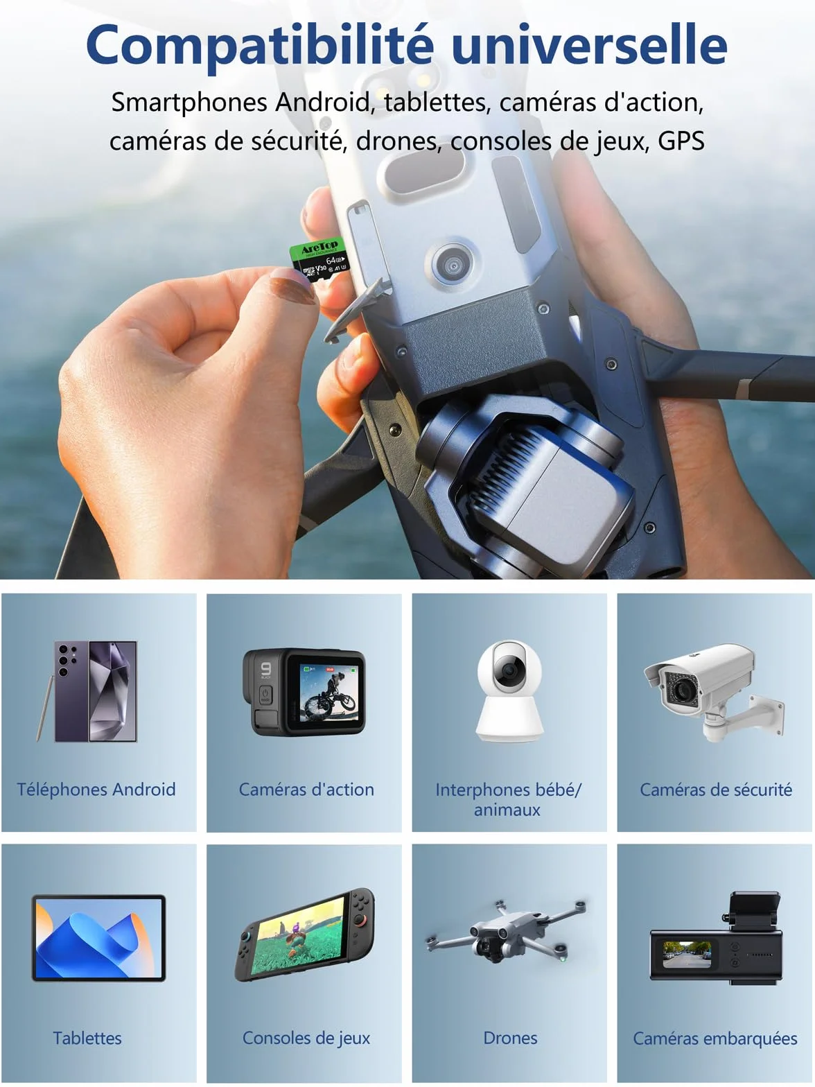 AreTop Carte Micro SD 64Go SDXC U3 V30 C10 A1 UHS-I Carte Mémoire avec Adaptateur