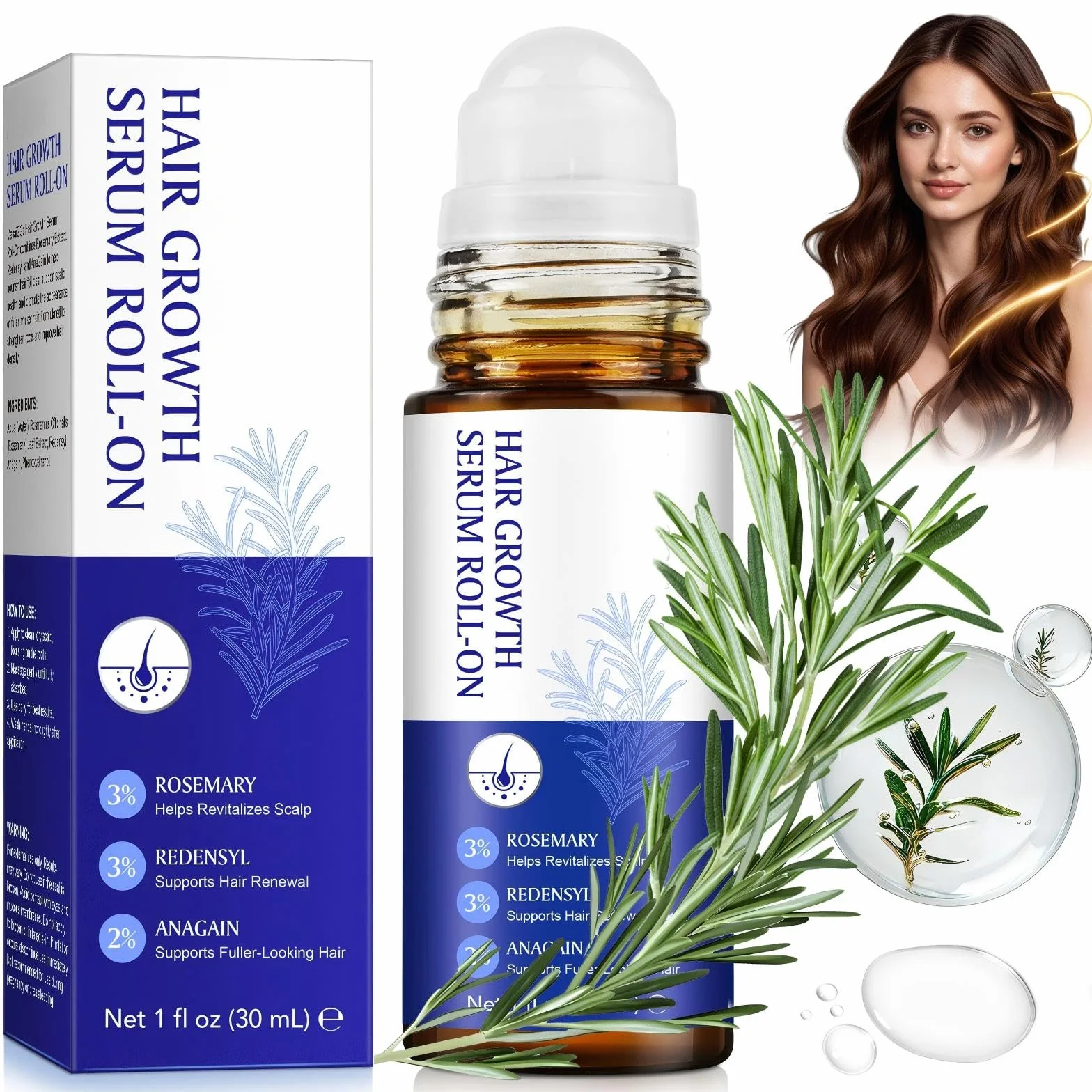 Huile et sérum de croissance capillaire au romarin 3%, Redensyl 3%, Anagain 2% - 30 ml