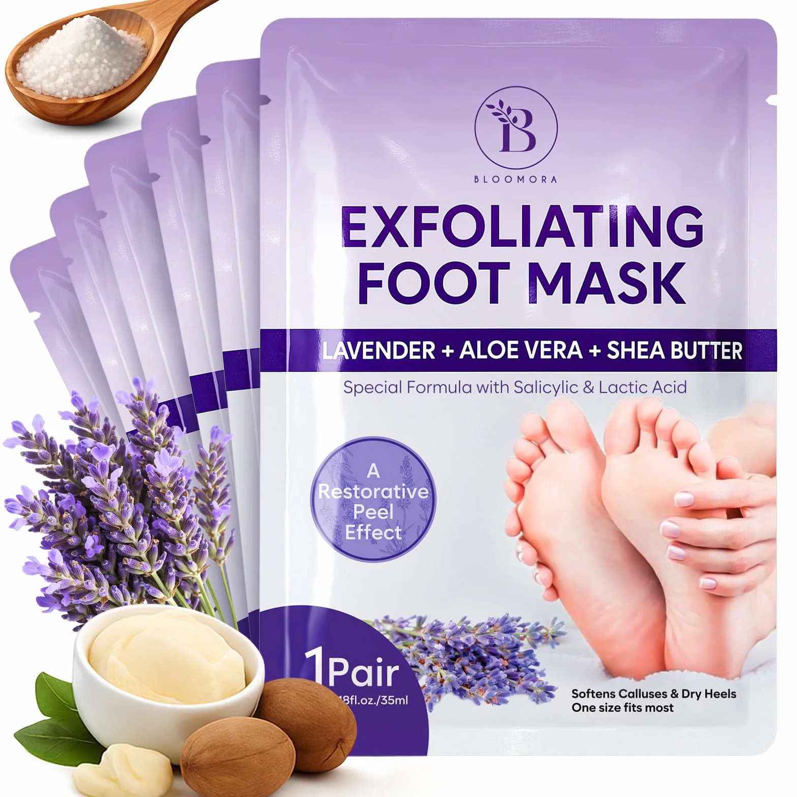 Masque Pied Exfoliant 6 Paires – Peeling Pied Hydratant au Beurre de Karité & Lavande, Chaussettes Exfoliantes