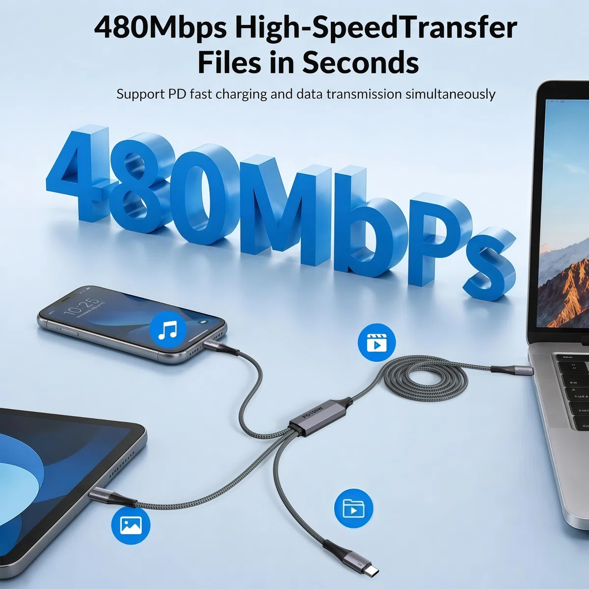 Câble de charge répartiteur USB C, câble de charge double de type C, câble multiple 3 en 1 en nylon tressé avec 3 connecteurs de type C compatible avec IP 15 Pro Max/Galaxy/Tablettes/Google