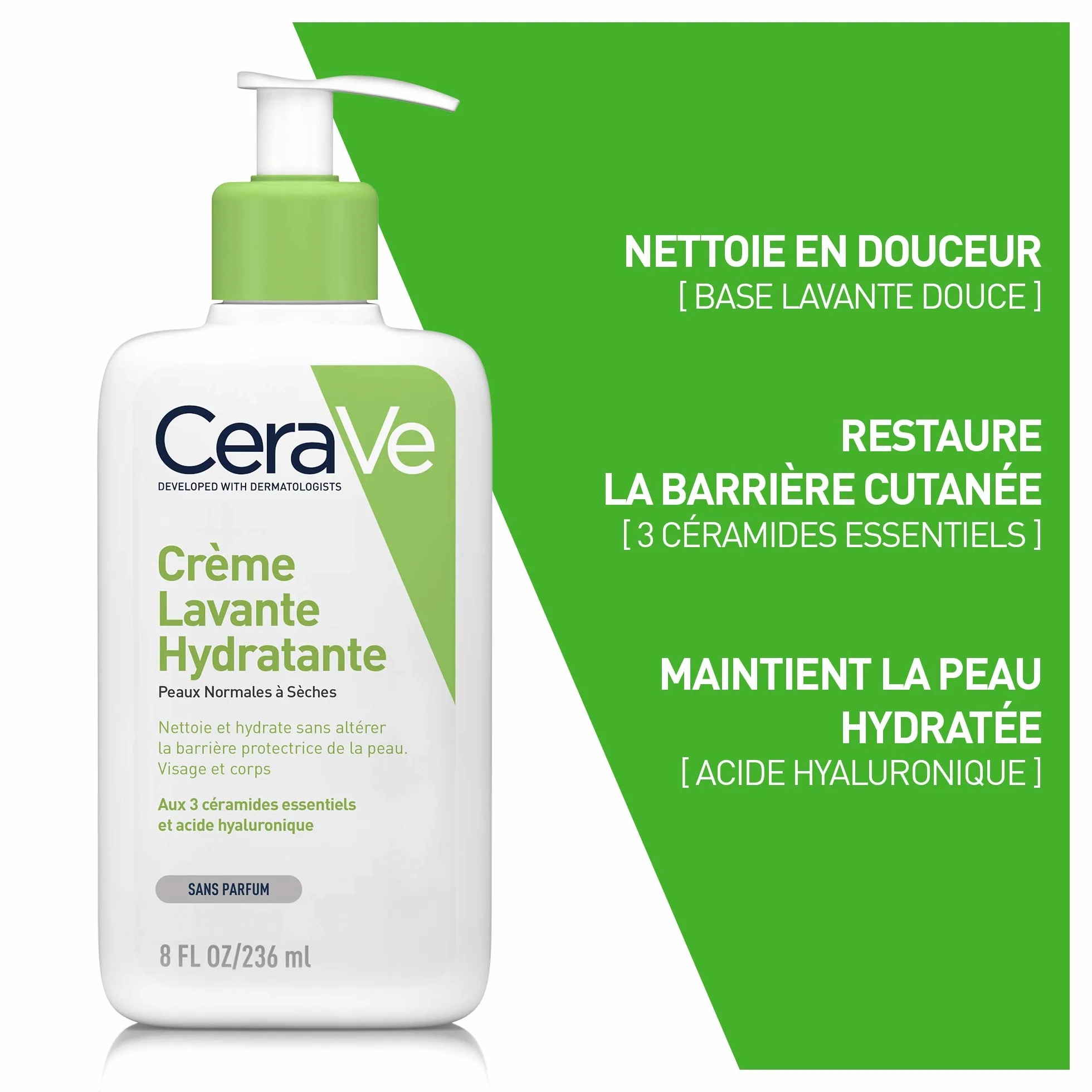 CeraVe Crème Lavante Hydratante Visage & Corps 562 ml Aux 3 Céramides Essentiels + Acide Hyaluronique Peau Normale à Sèche