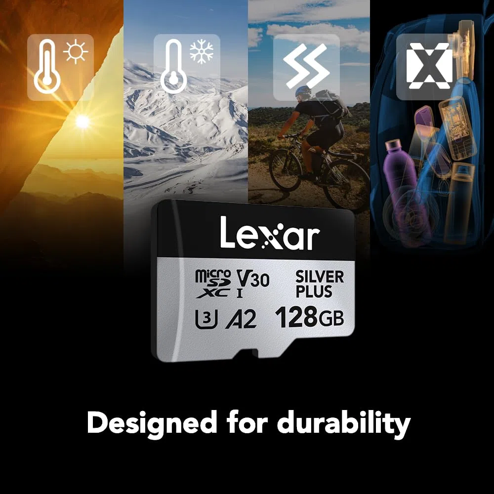 Lexar Silver Plus Lot de 2 cartes mémoire microSDXC professionnelles UHS-I, C10, U3, V30, Full HD et vidéo 4K, jusqu'à 205/150 Mo/s en lecture/écriture, pour vidéastes, joueurs (LMSSIPL128G-B2ANU)